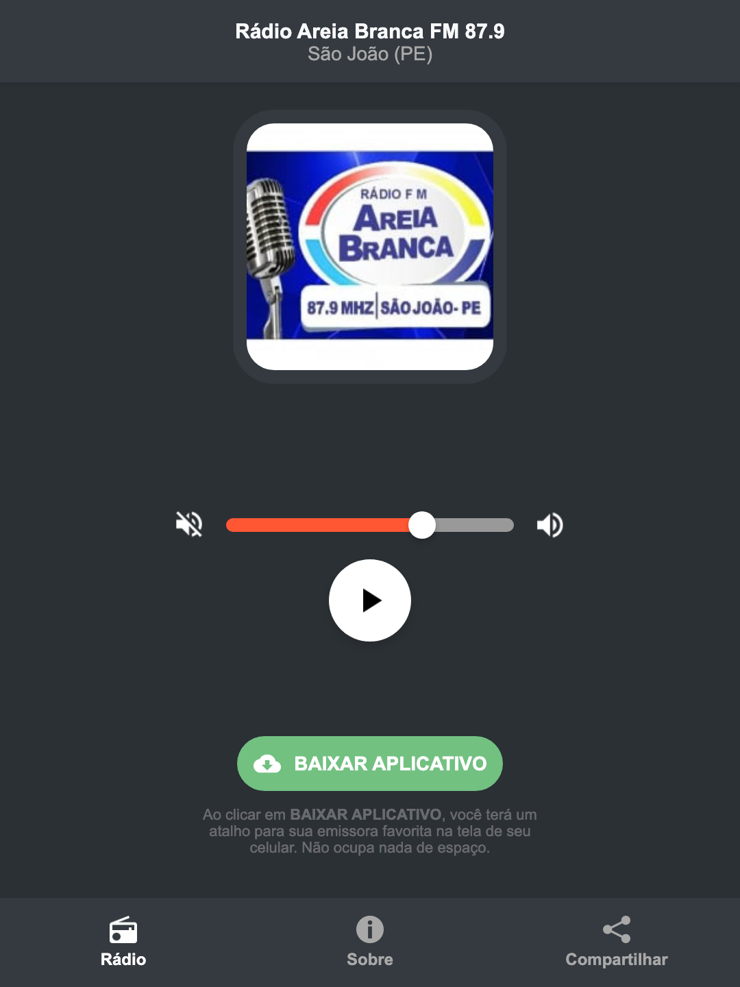 Screenshot do aplicativo da Rádio Areia Branca FM 87.9