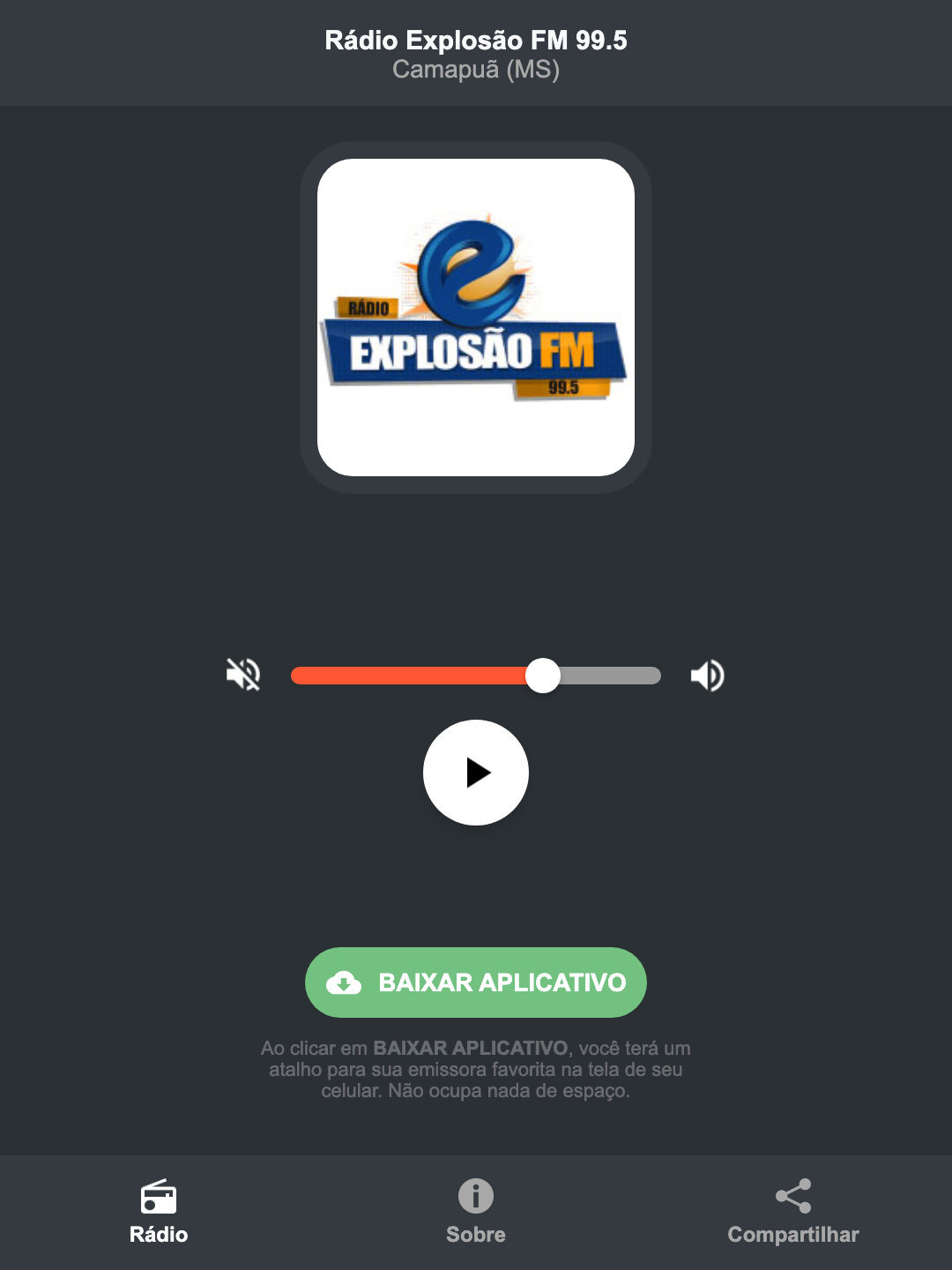 Screenshot do aplicativo da Rádio Explosão FM 99.5
