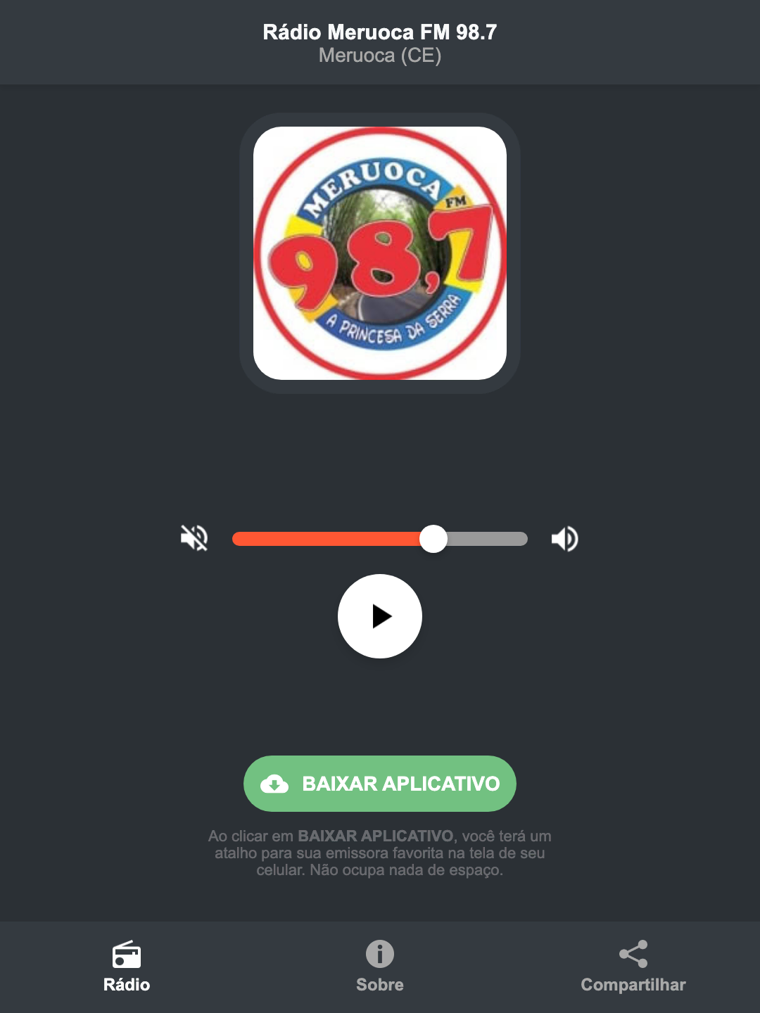 Screenshot do aplicativo da Rádio Meruoca FM 98.7