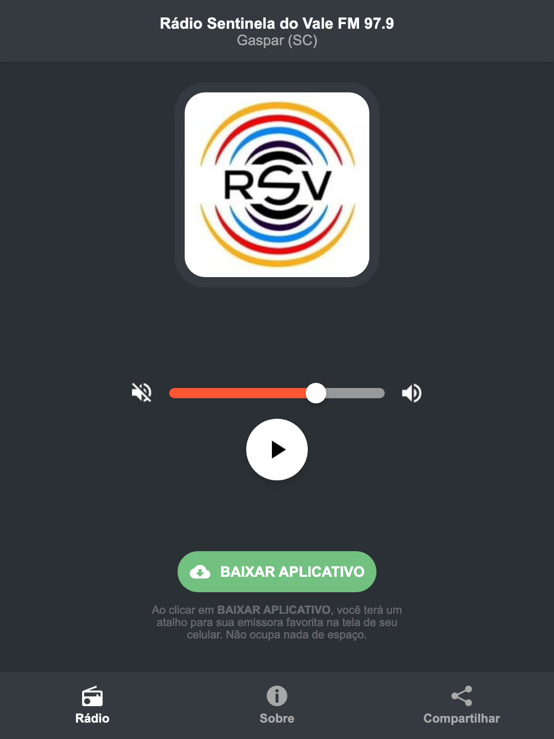 Screenshot do aplicativo da Rádio Sentinela do Vale FM 97.9