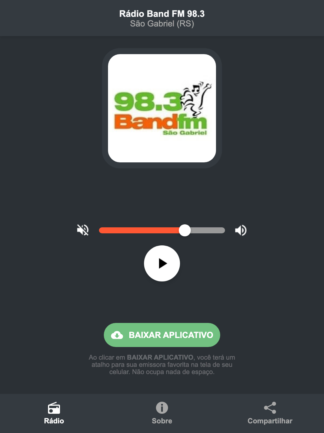 Screenshot do aplicativo da Rádio Band FM 98.3
