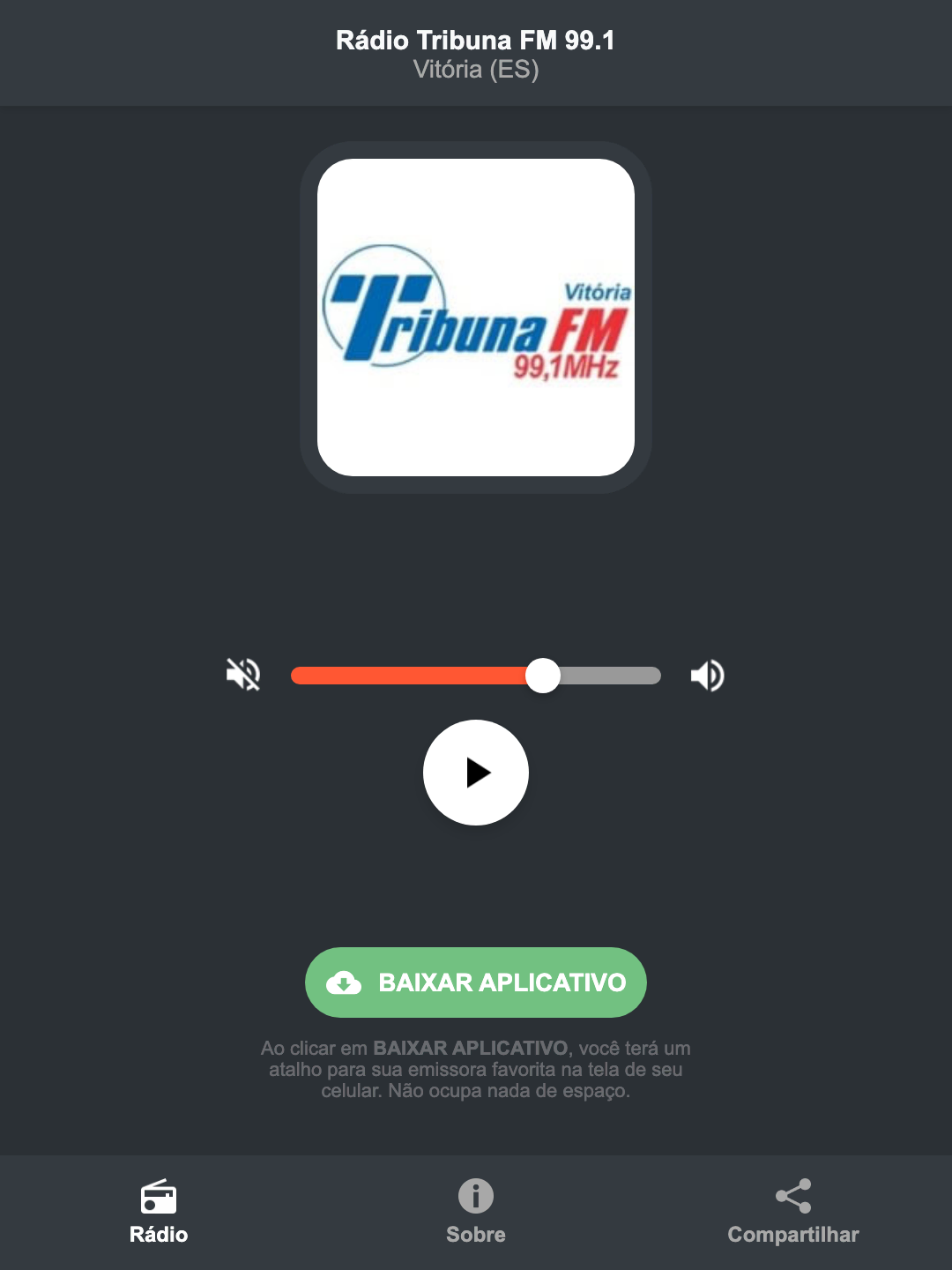 Screenshot do aplicativo da Rádio Tribuna FM 99.1