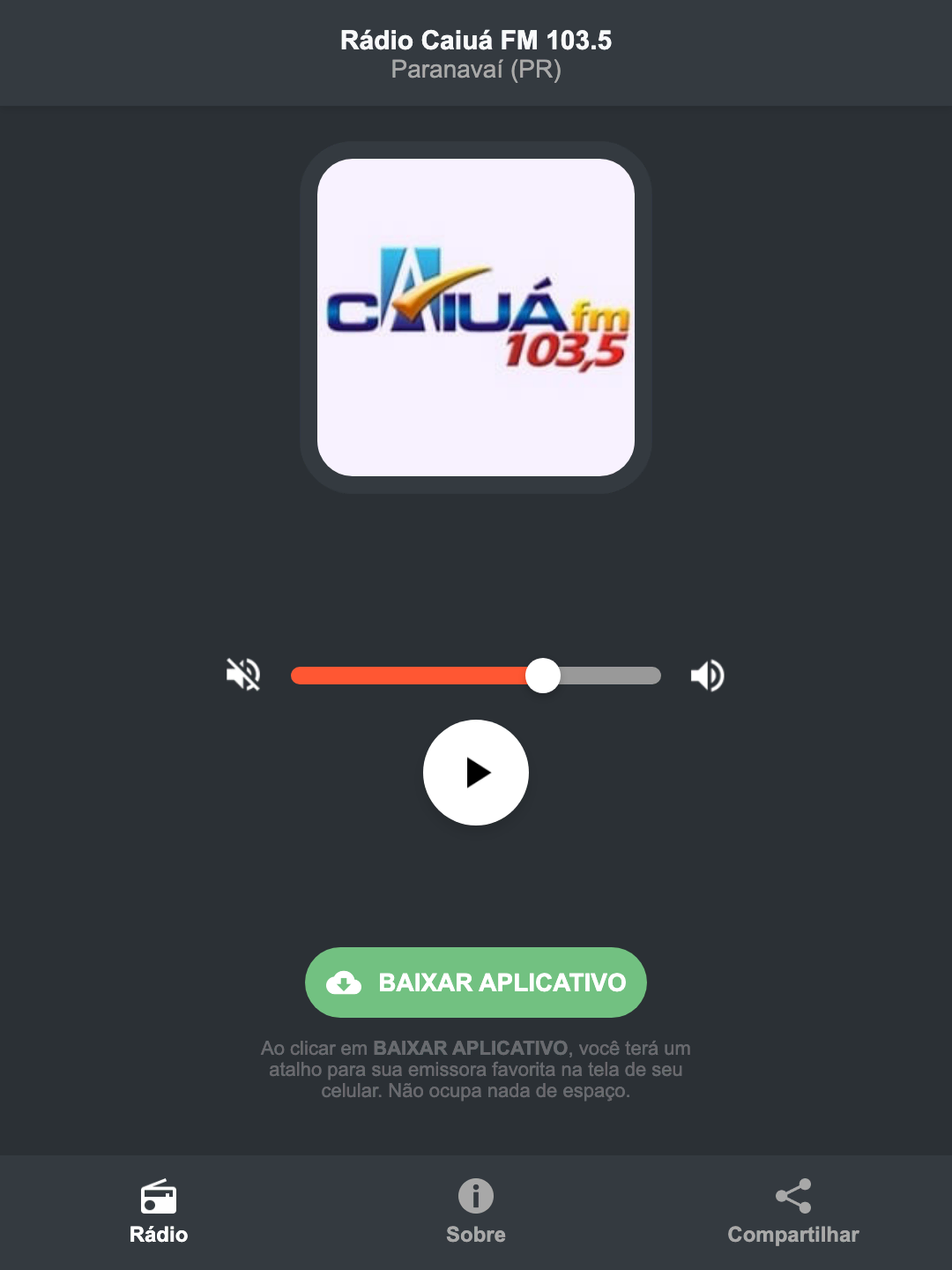 Screenshot do aplicativo da Rádio Caiuá FM 103.5