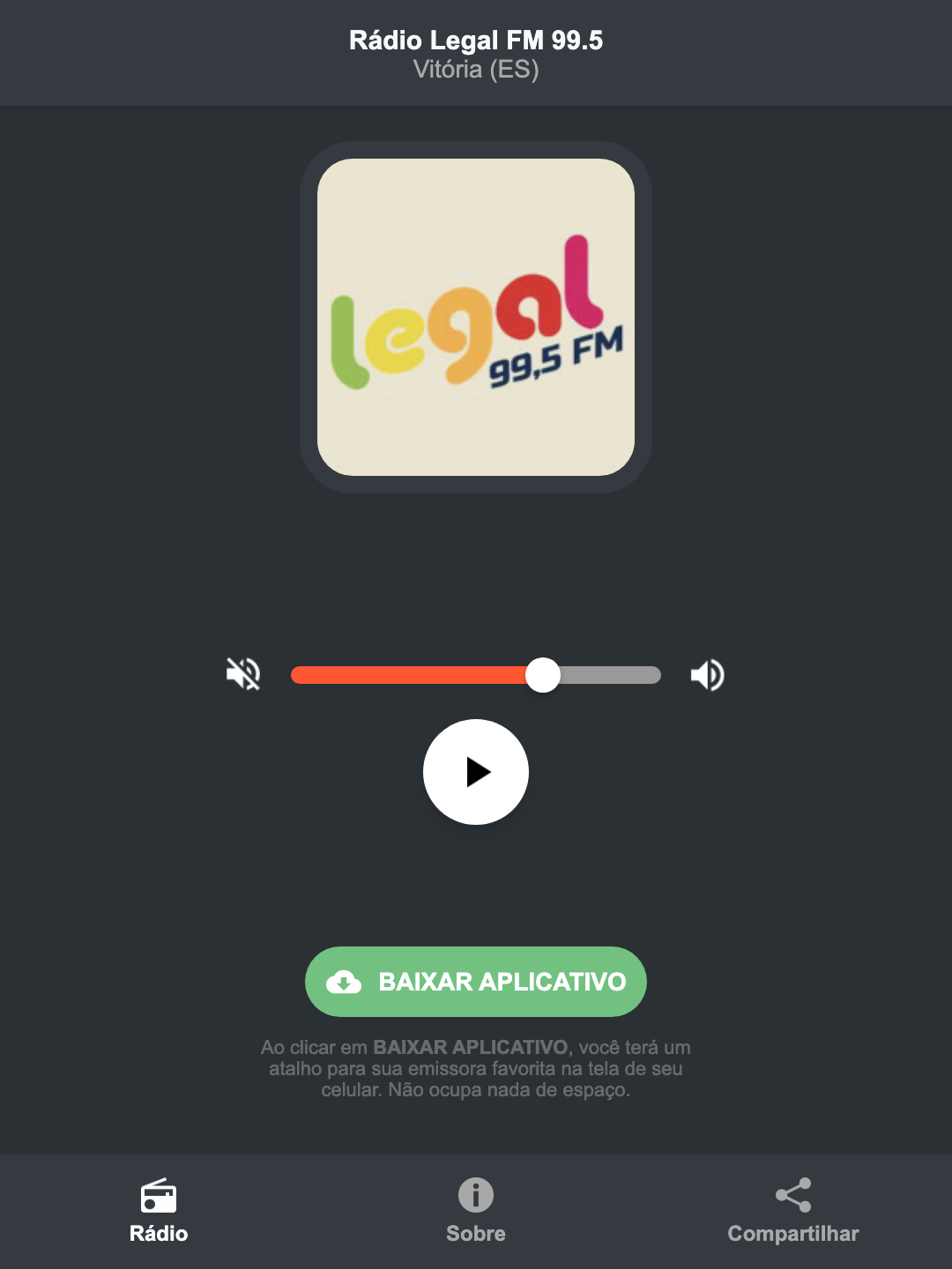 Screenshot do aplicativo da Rádio Legal FM 99.5