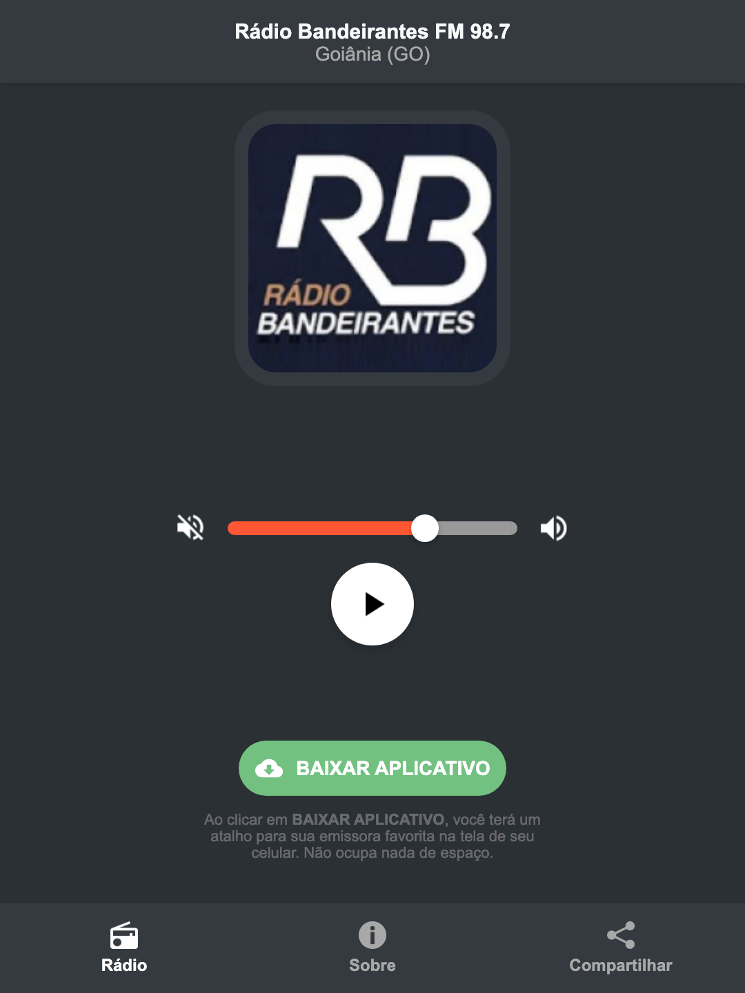Screenshot do aplicativo da Rádio Bandeirantes FM 98.7