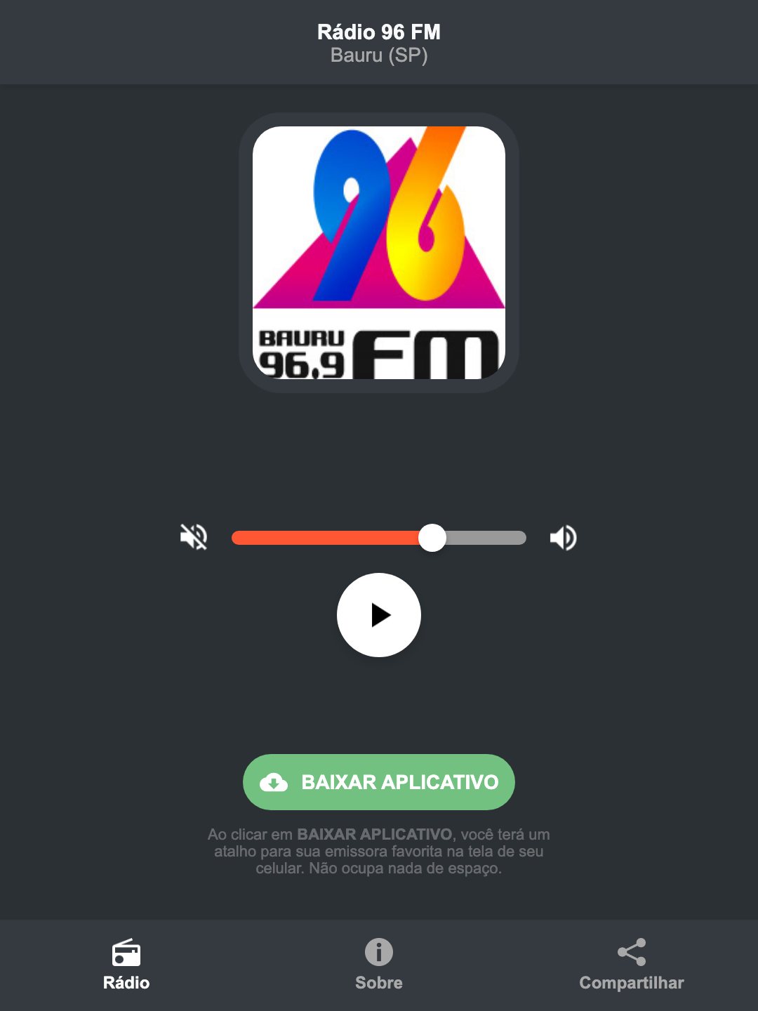 Screenshot do aplicativo da Rádio 96 FM