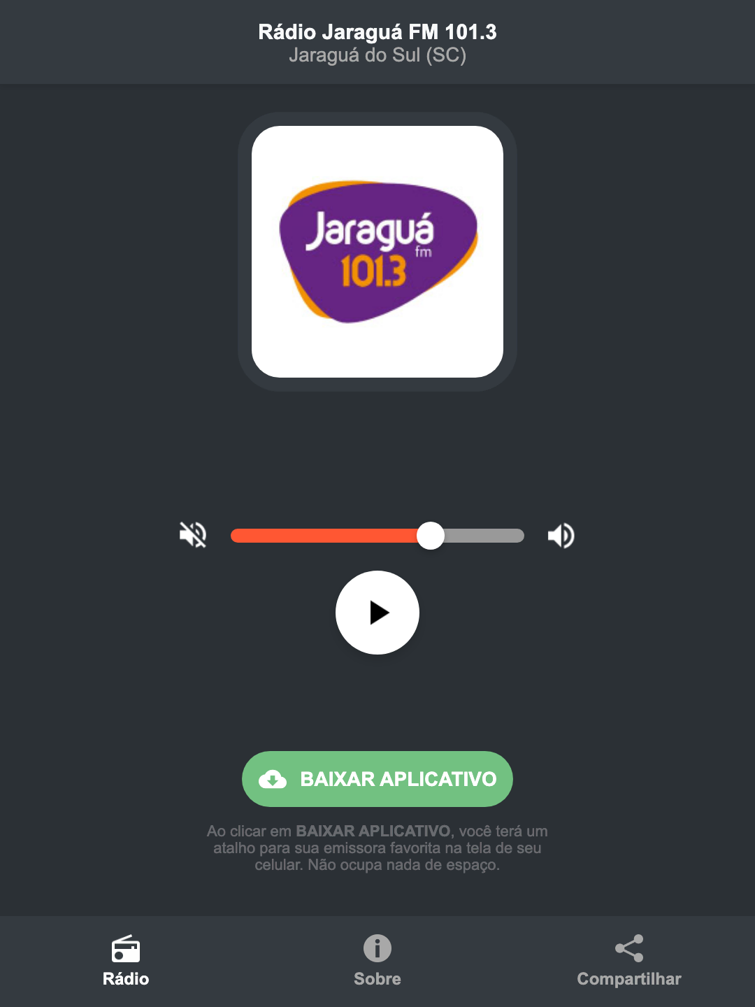 Screenshot do aplicativo da Rádio Jaraguá FM 101.3