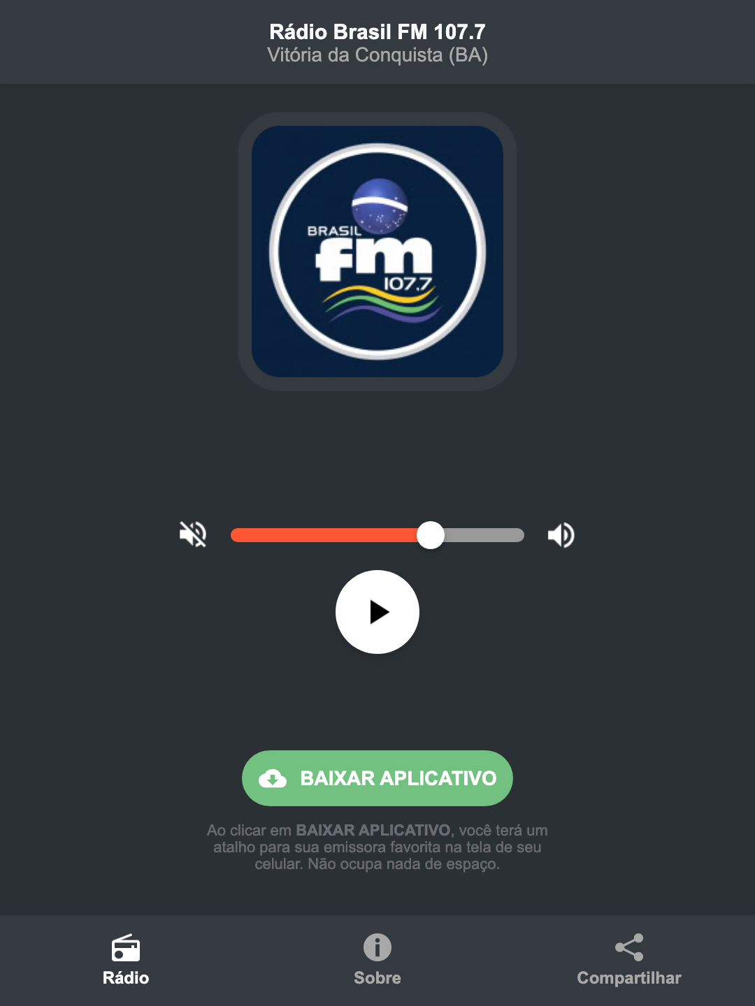Screenshot do aplicativo da Rádio Brasil FM 107.7