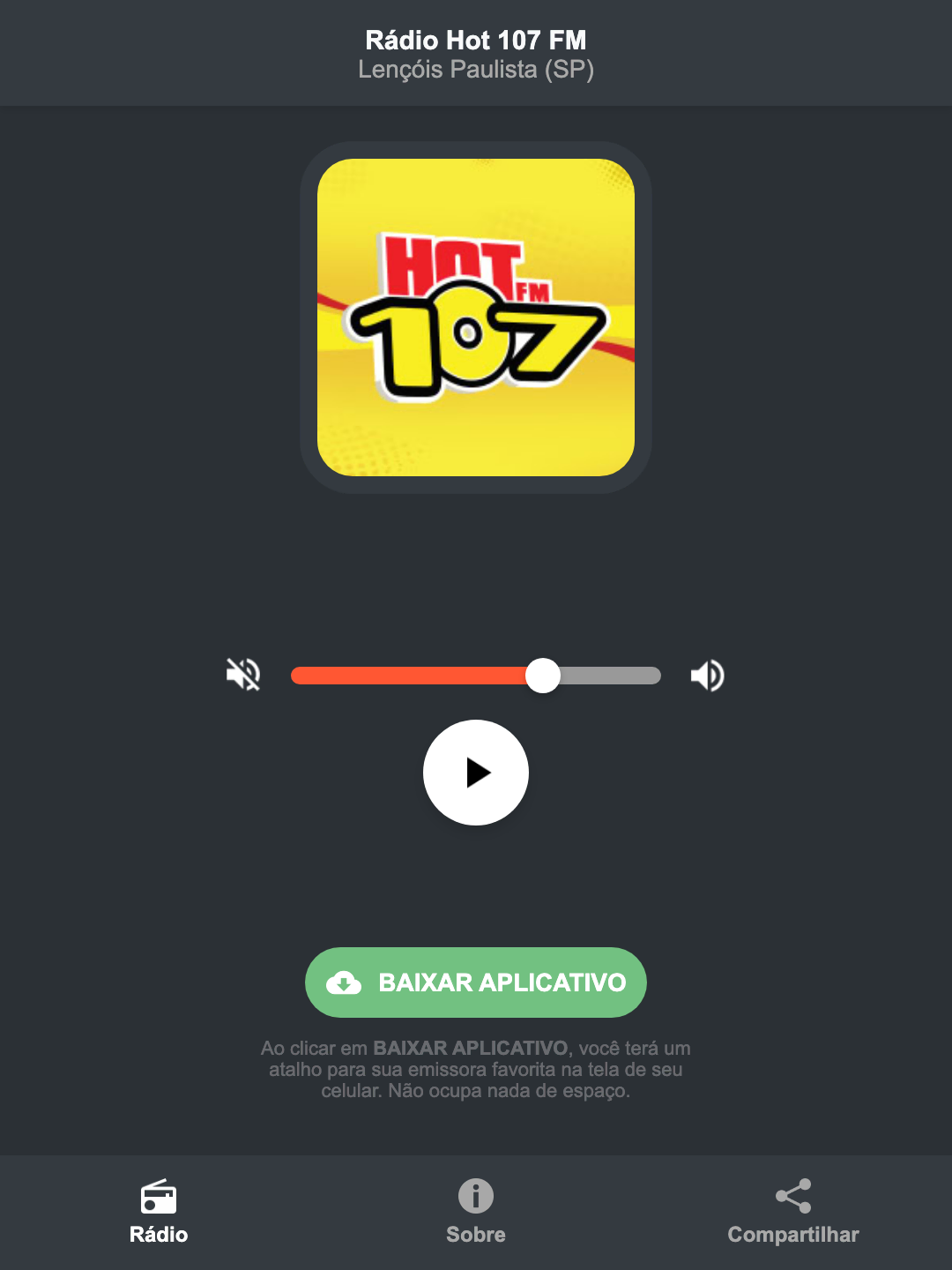Screenshot do aplicativo da Rádio Hot 107 FM