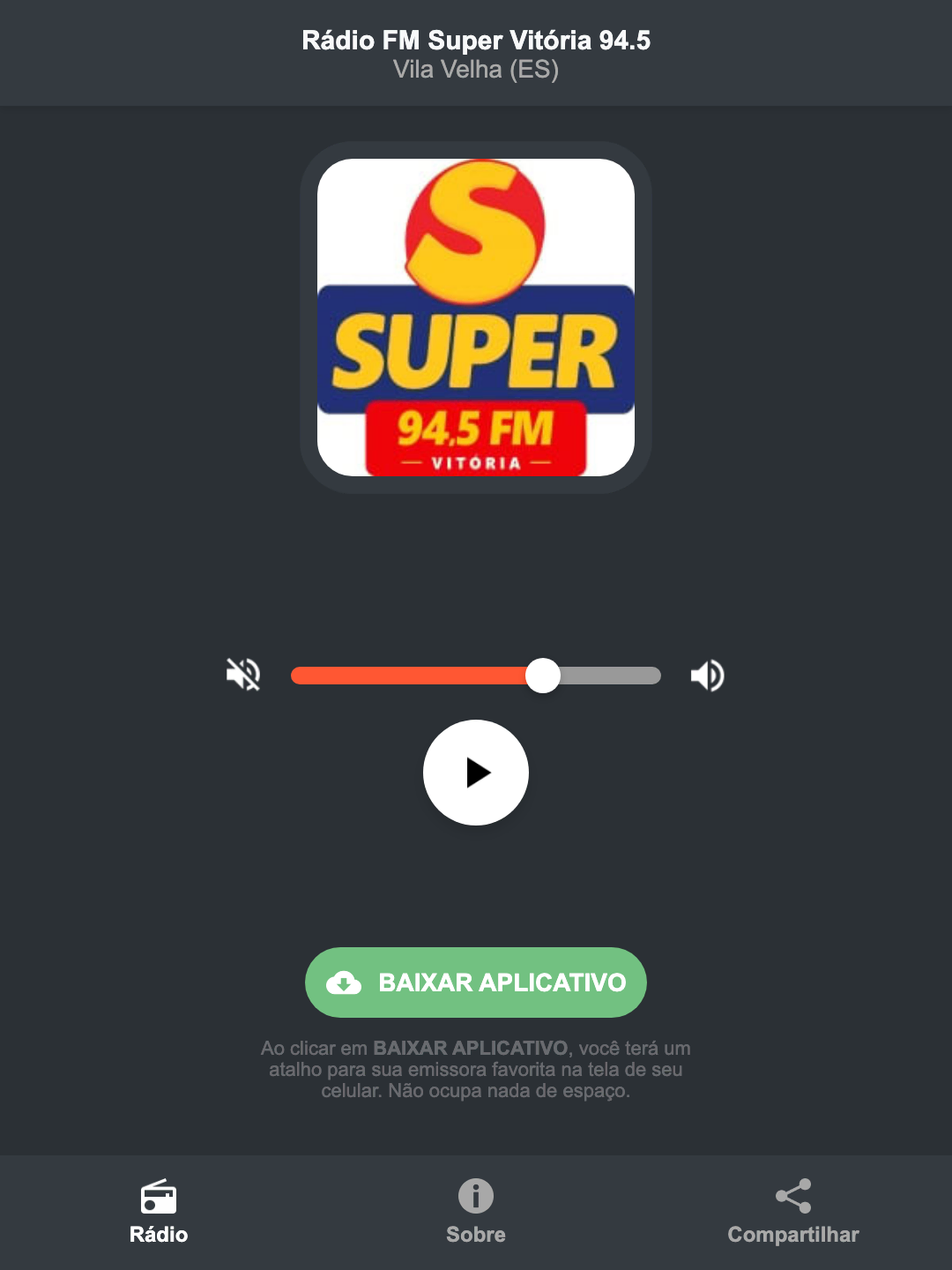 Screenshot do aplicativo da Rádio FM Super Vitória 94.5