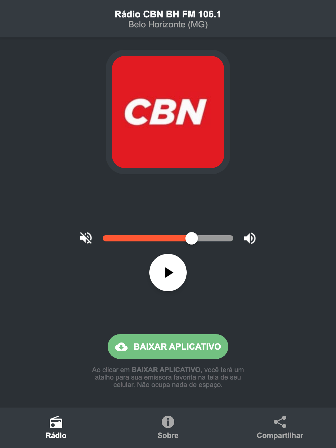 Screenshot do aplicativo da Rádio CBN BH FM 106.1