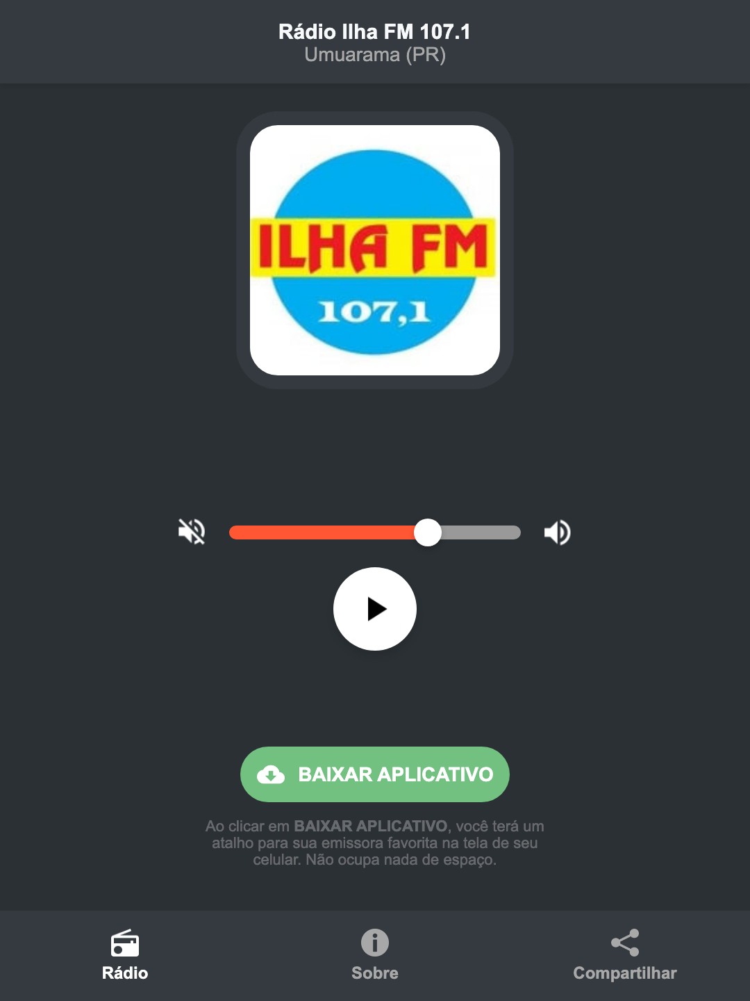 Screenshot do aplicativo da Rádio Ilha FM 107.1