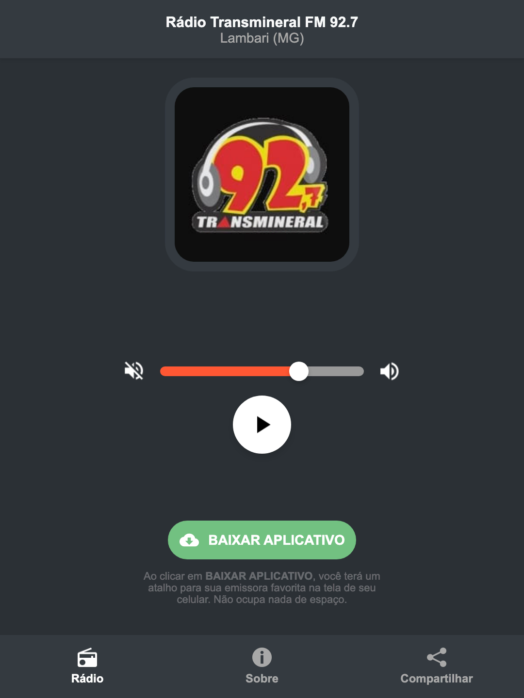 Screenshot do aplicativo da Rádio Transmineral FM 92.7