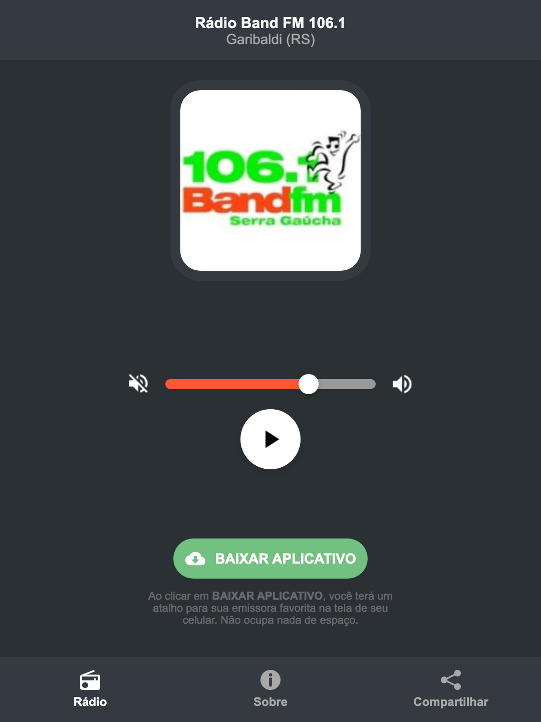 Screenshot do aplicativo da Rádio Band FM 106.1