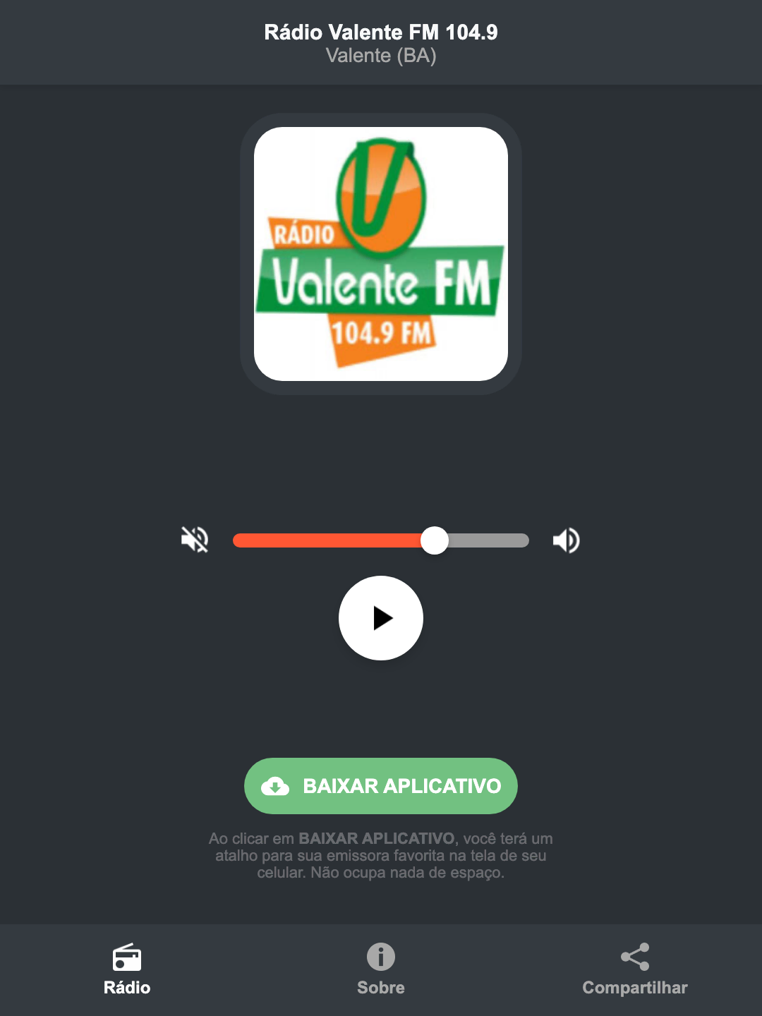 Screenshot do aplicativo da Rádio Valente FM 104.9