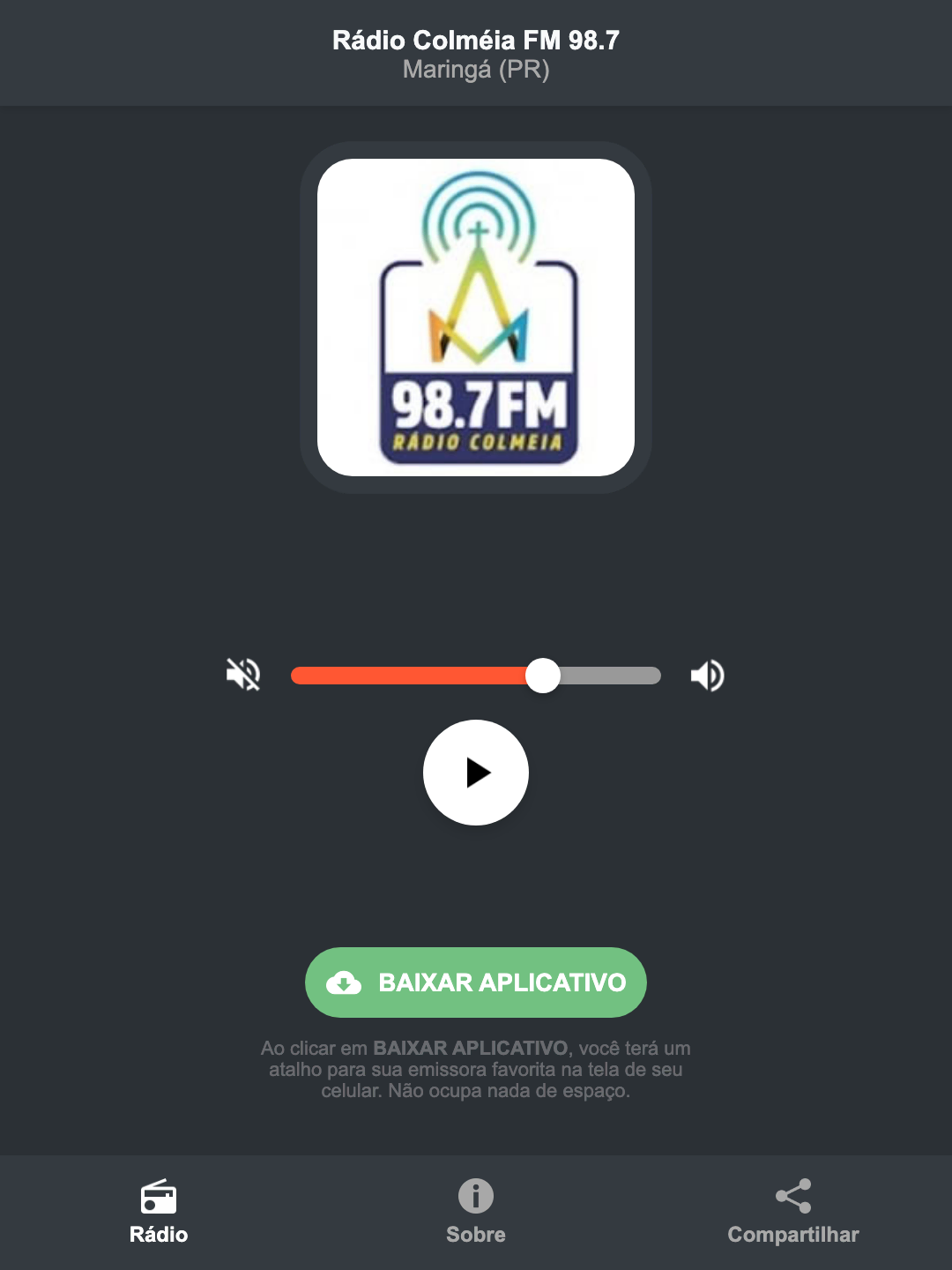 Screenshot do aplicativo da Rádio Colméia FM 98.7