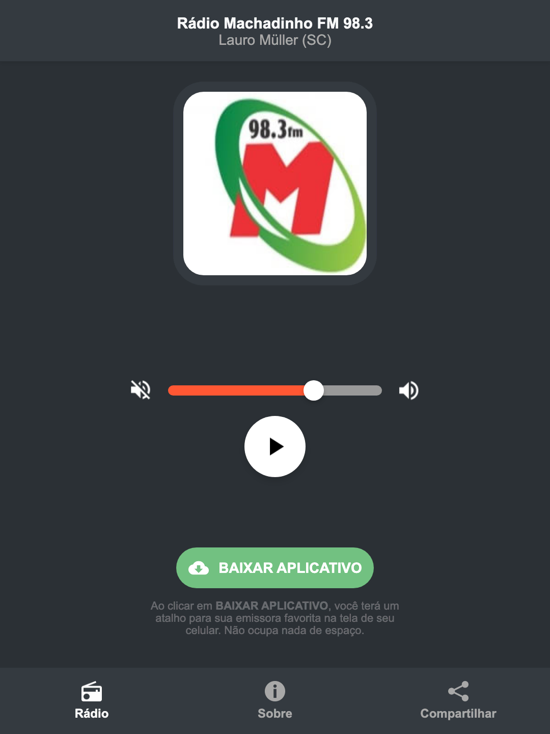Screenshot do aplicativo da Rádio Machadinho FM 98.3