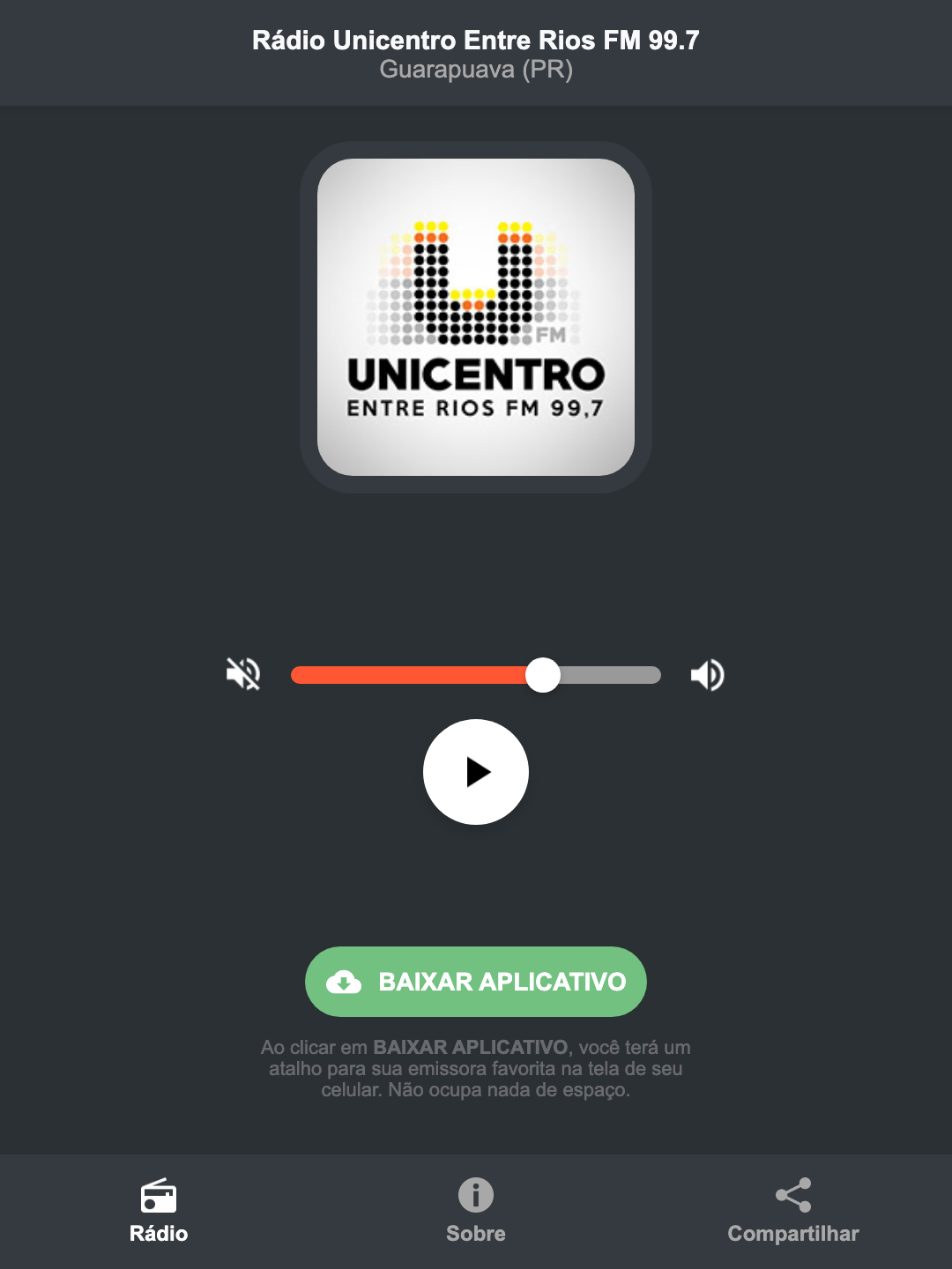 Screenshot do aplicativo da Rádio Unicentro Entre Rios FM 99.7