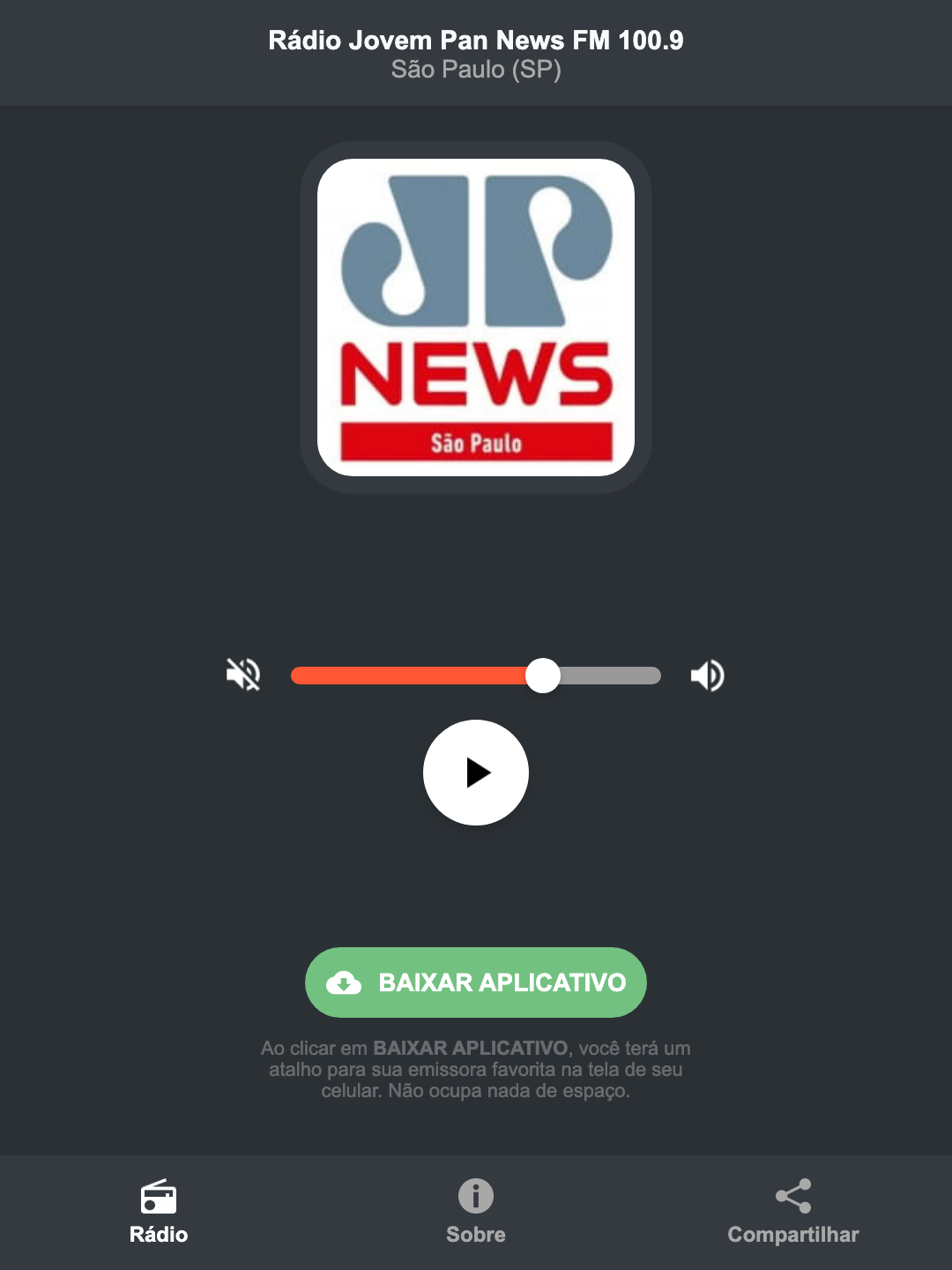 Screenshot do aplicativo da Rádio Jovem Pan News FM 100.9