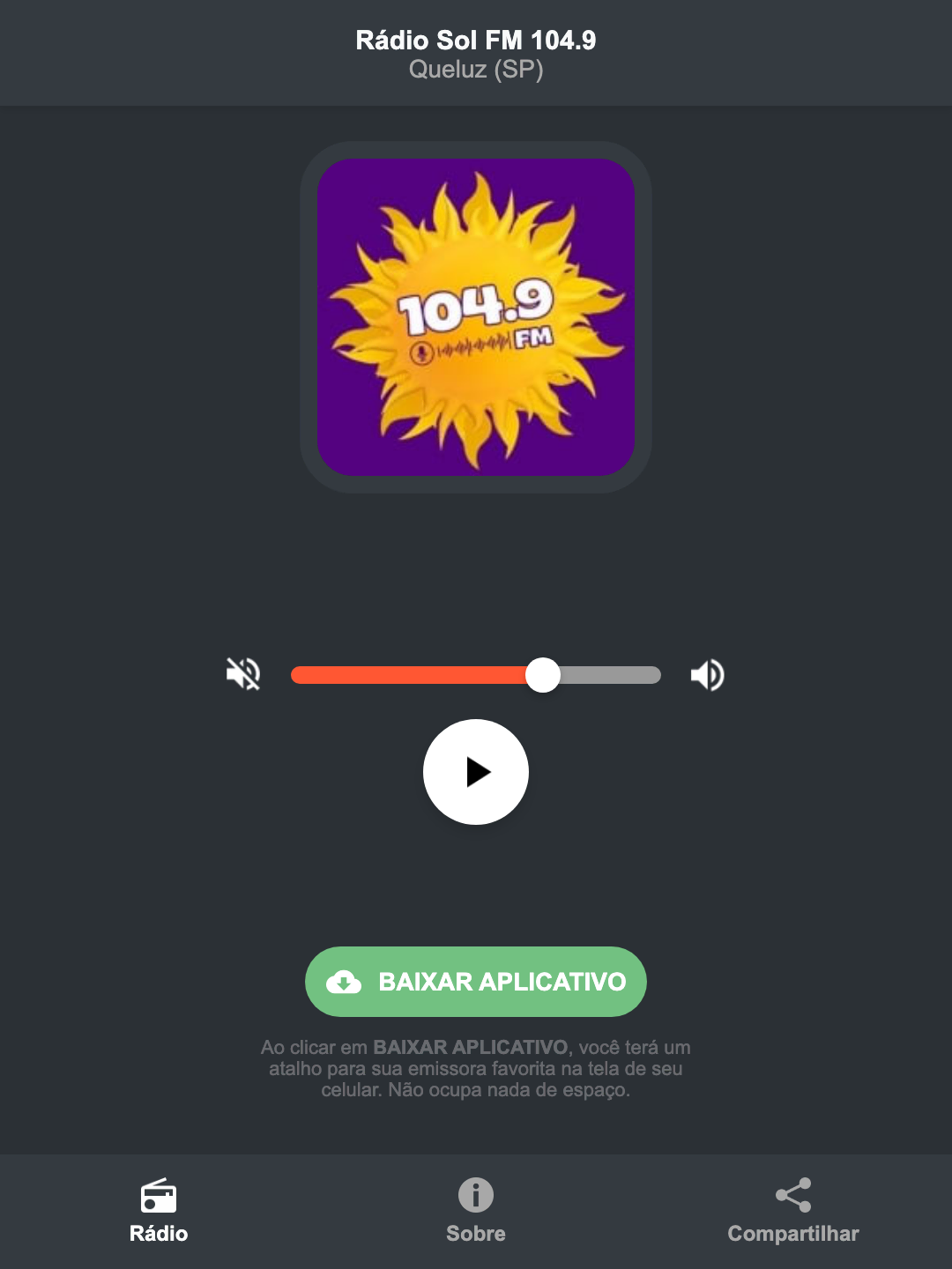 Screenshot do aplicativo da Rádio Sol FM 104.9