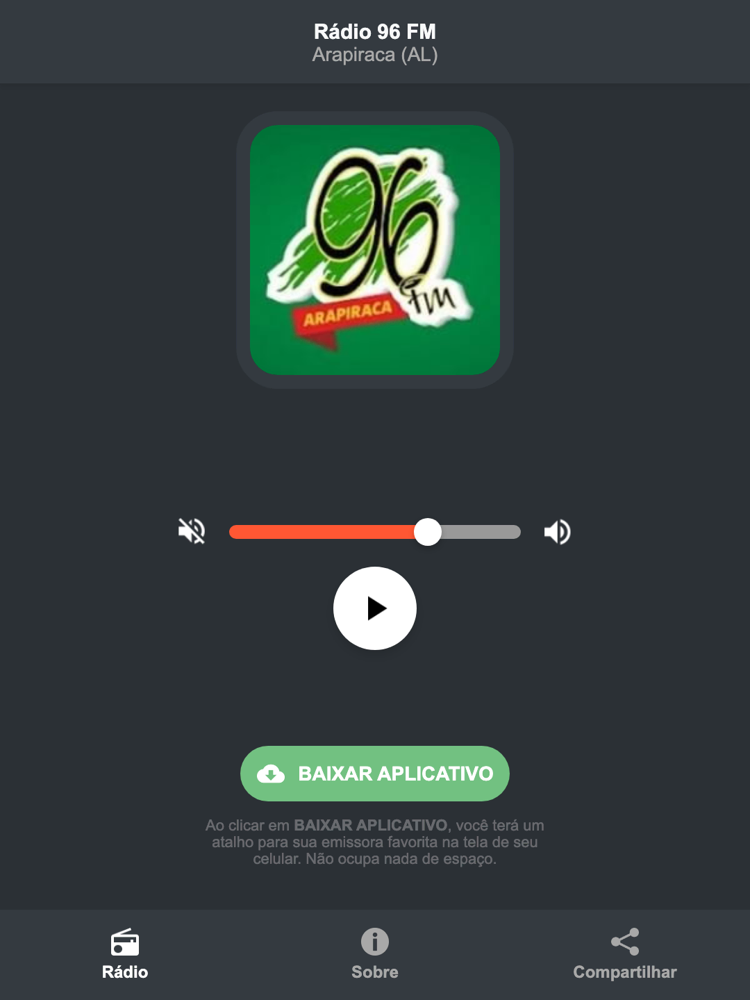 Screenshot do aplicativo da Rádio 96 FM