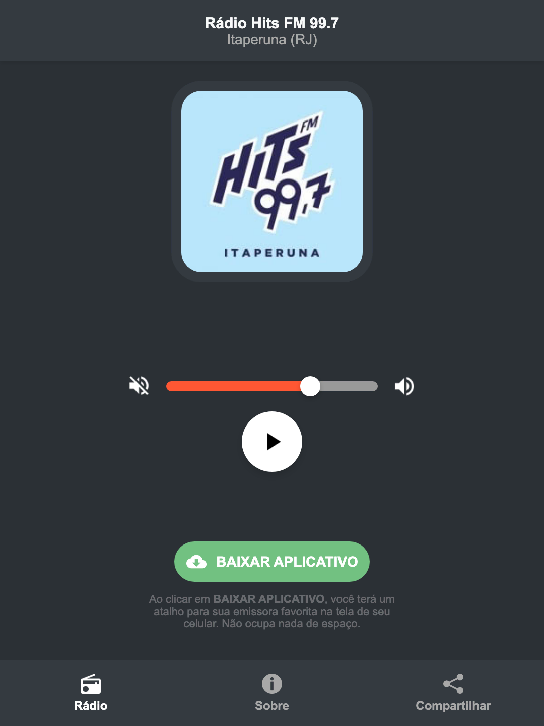 Screenshot do aplicativo da Rádio Hits FM 99.7