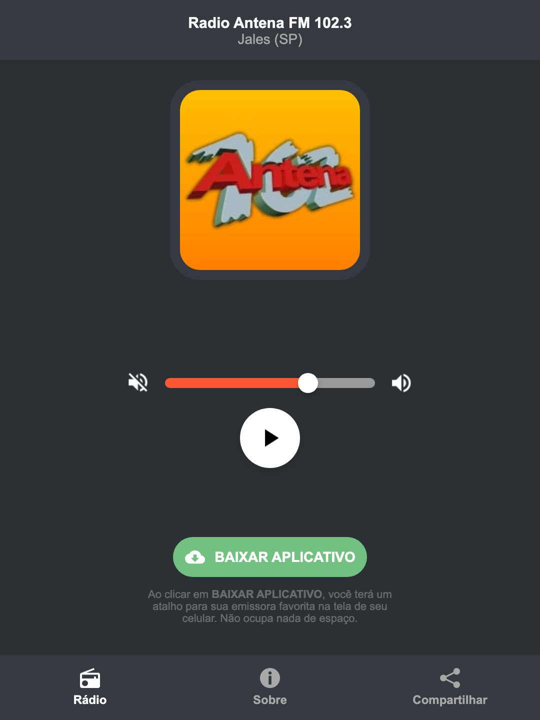 Screenshot do aplicativo da Radio Antena FM 102.3
