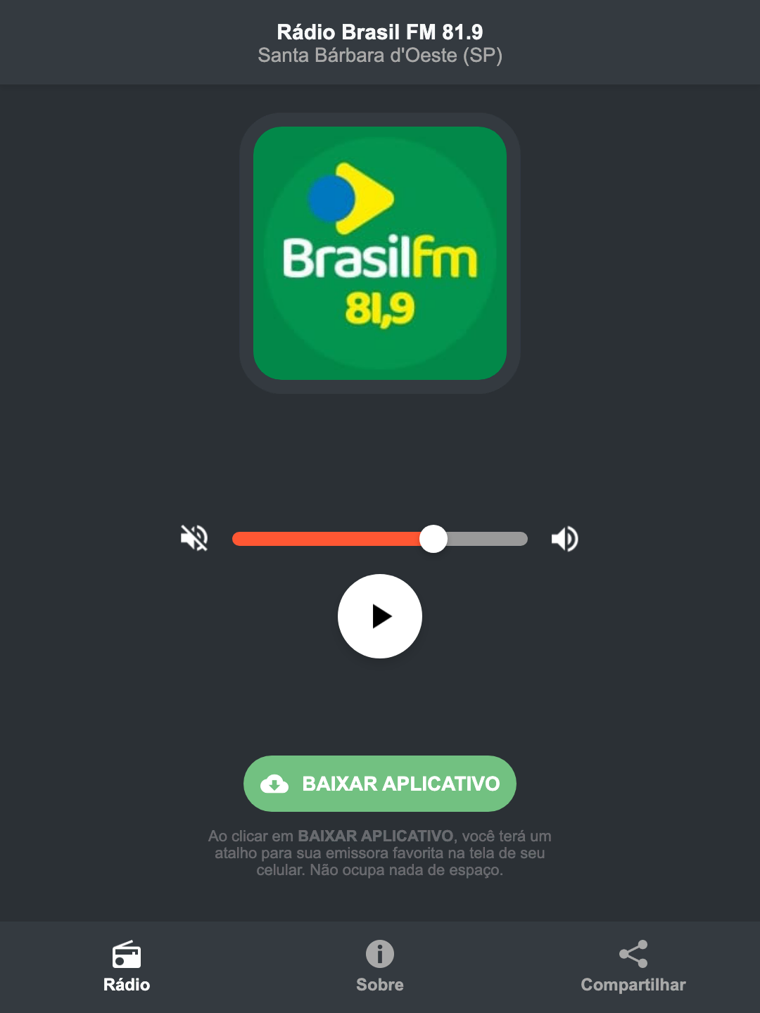 Screenshot do aplicativo da Rádio Brasil FM 81.9