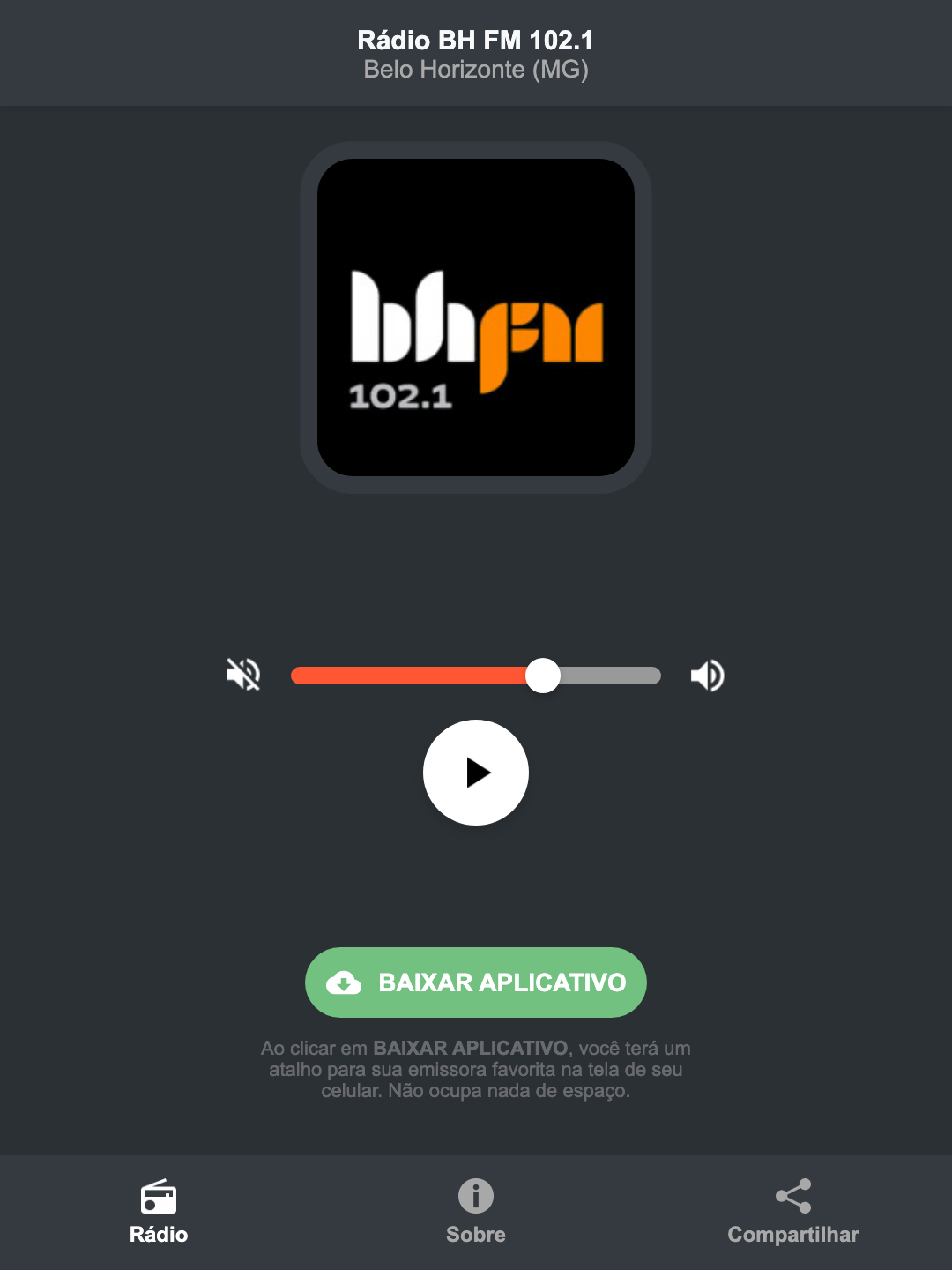 Screenshot do aplicativo da Rádio BH FM 102.1
