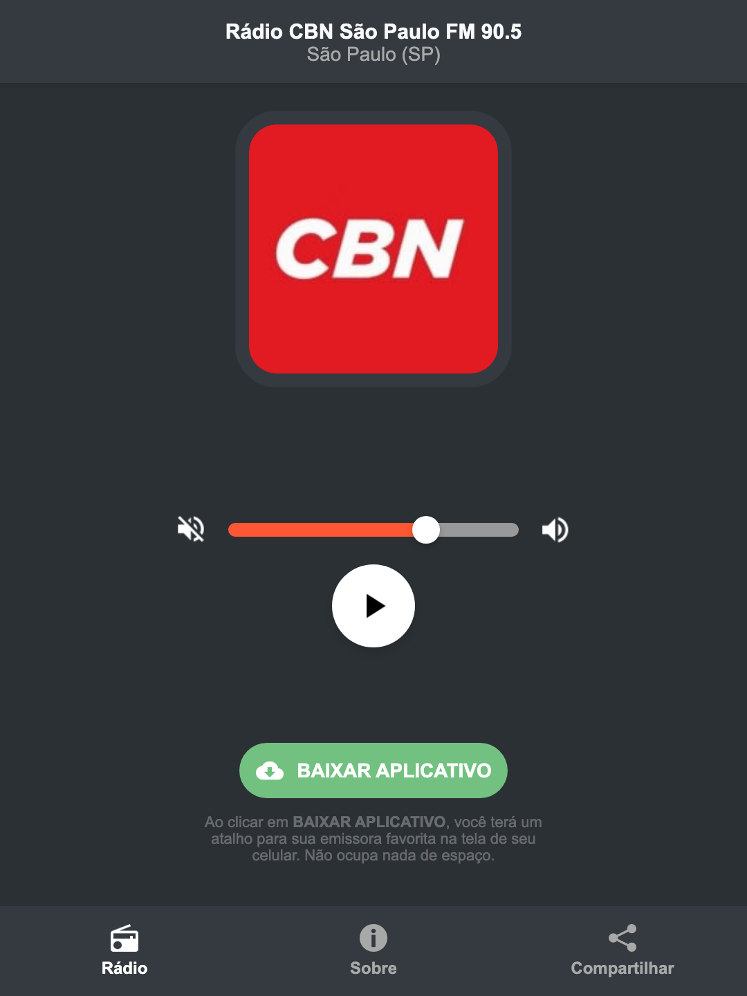 Screenshot do aplicativo da Rádio CBN São Paulo FM 90.5