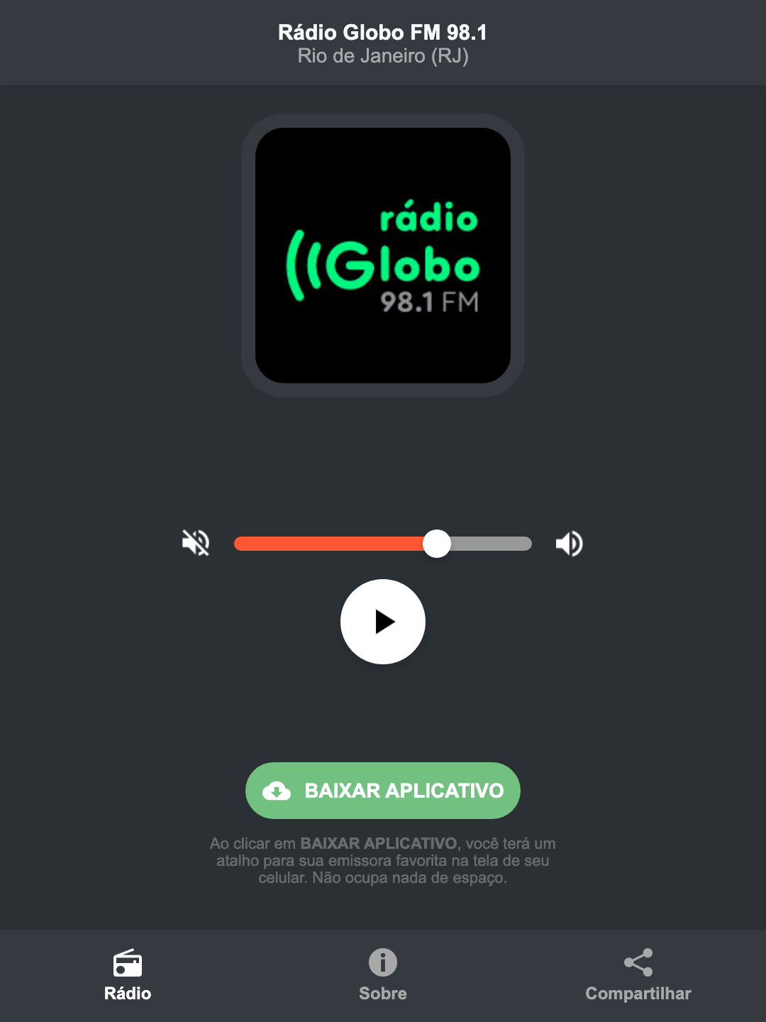 Screenshot do aplicativo da Rádio Globo FM 98.1