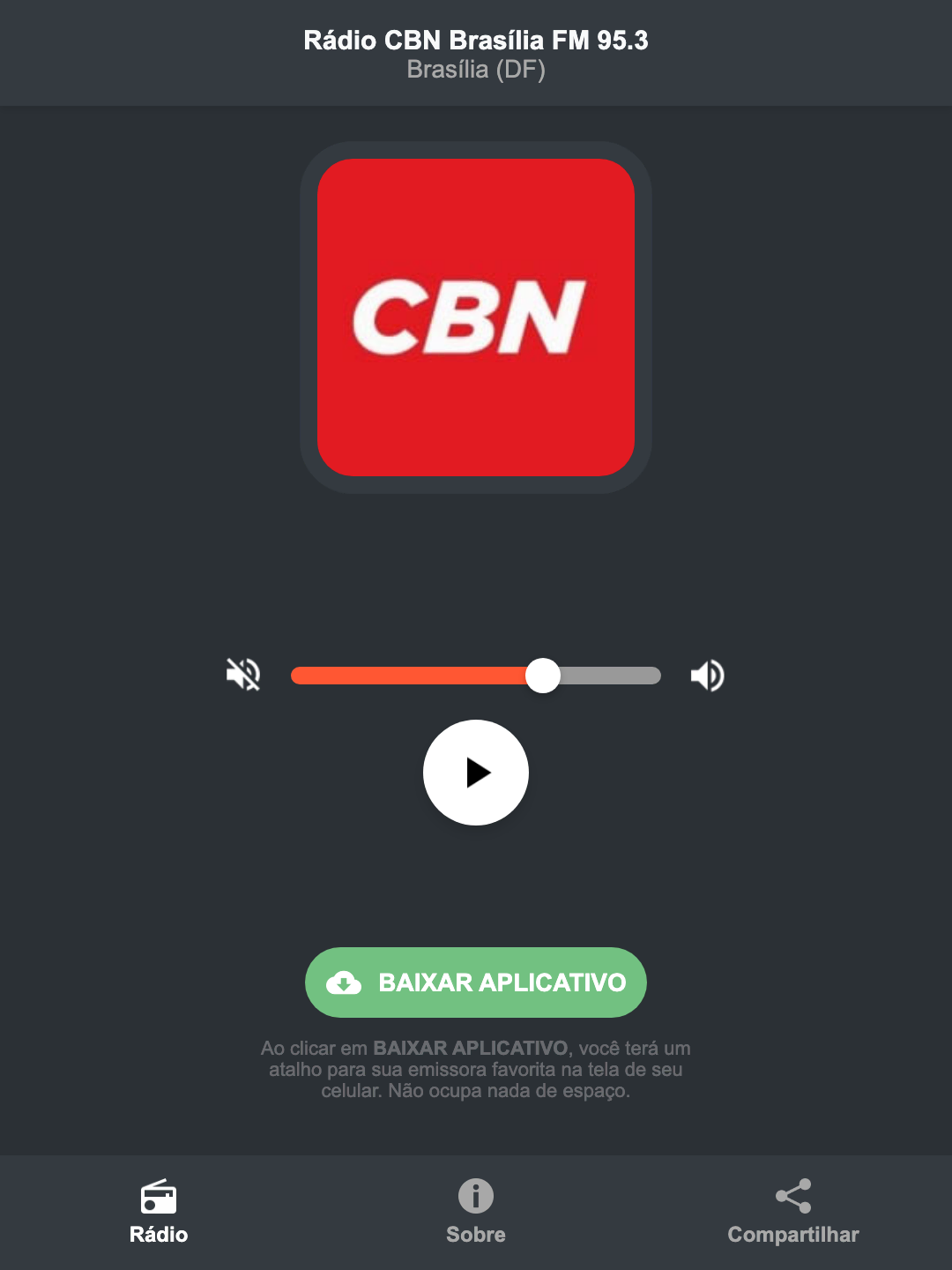 Screenshot do aplicativo da Rádio CBN Brasília FM 95.3