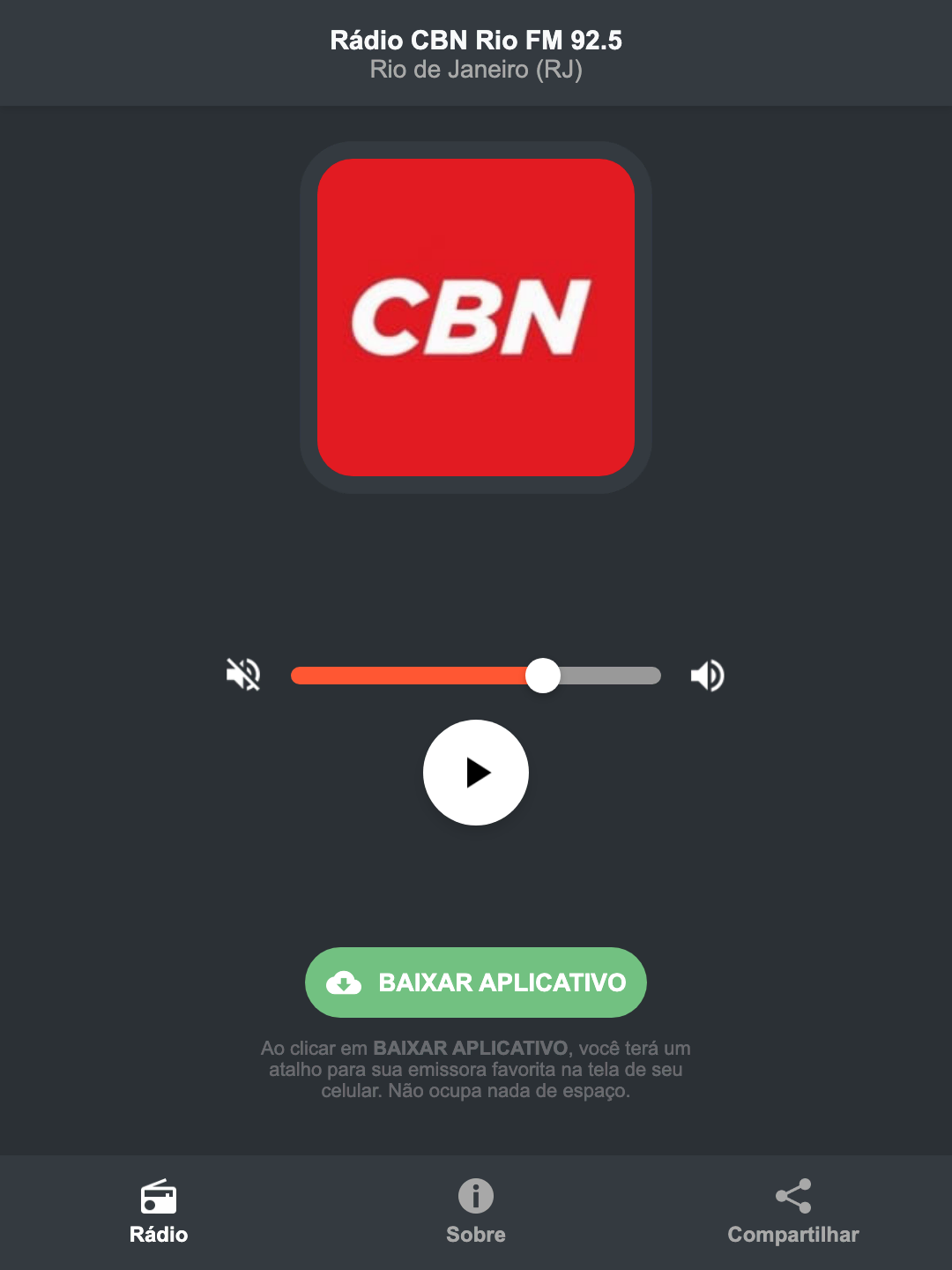 Screenshot do aplicativo da Rádio CBN Rio FM 92.5