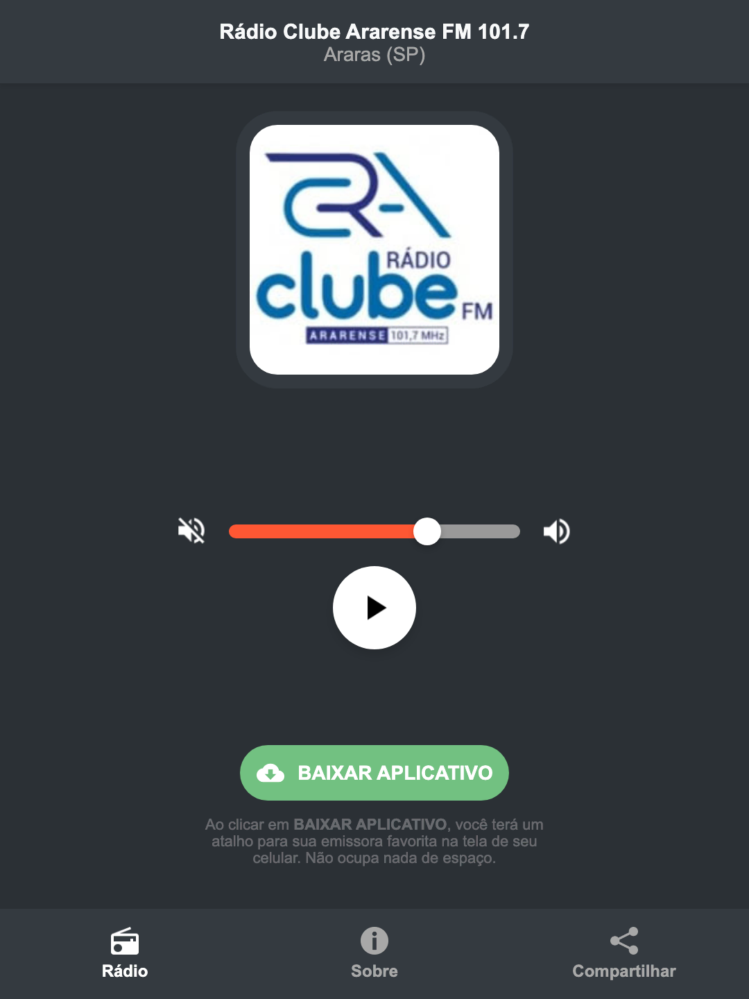 Screenshot do aplicativo da Rádio Clube Ararense FM 101.7
