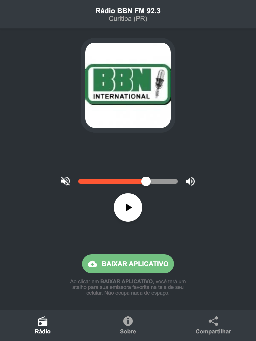 Screenshot do aplicativo da Rádio BBN FM 92.3