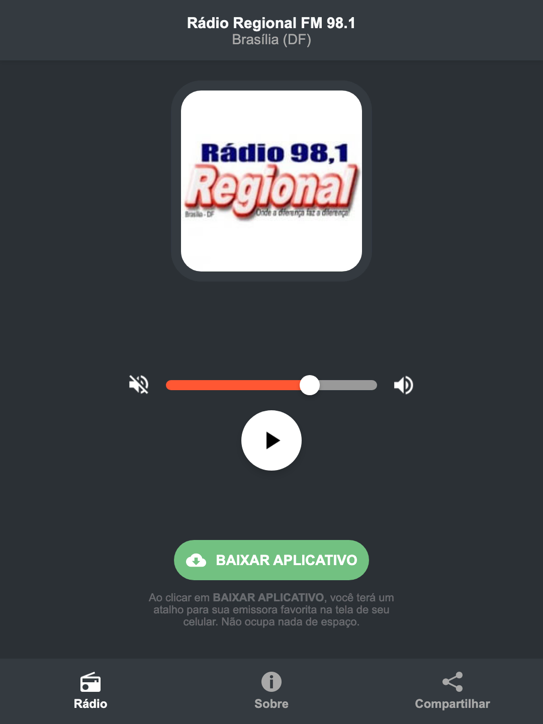 Screenshot do aplicativo da Rádio Regional FM 98.1