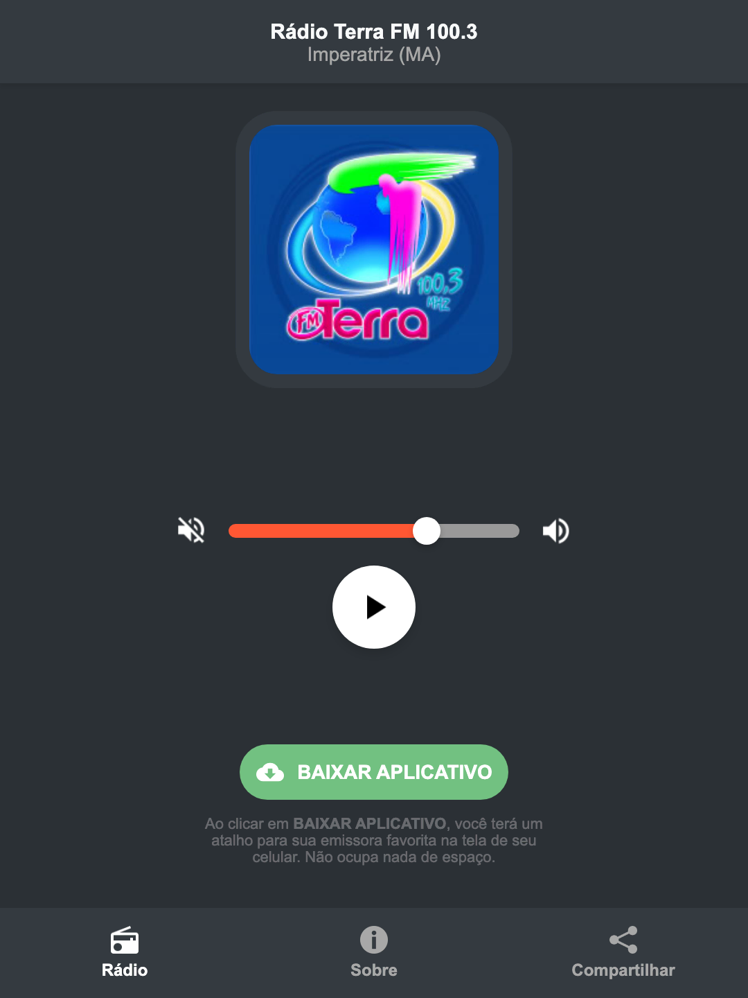 Screenshot do aplicativo da Rádio Terra FM 100.3