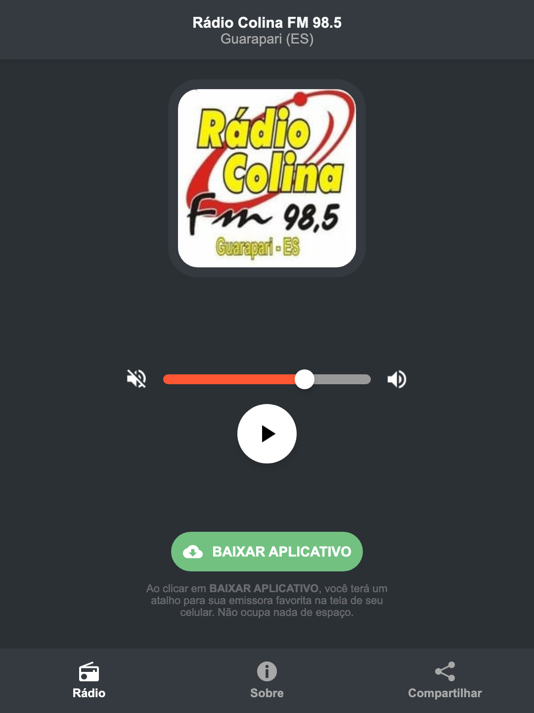 Screenshot do aplicativo da Rádio Colina FM 98.5