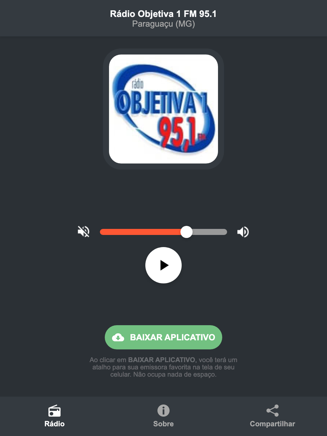 Screenshot do aplicativo da Rádio Objetiva 1 FM 95.1