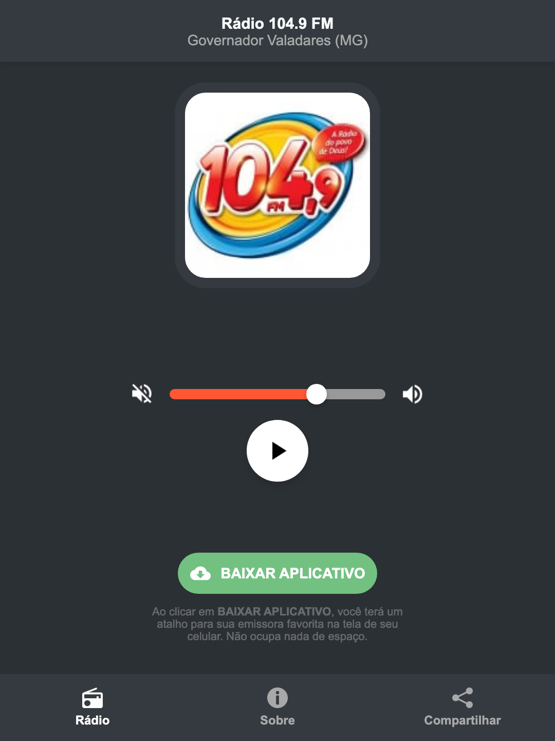 Screenshot do aplicativo da Rádio 104.9 FM