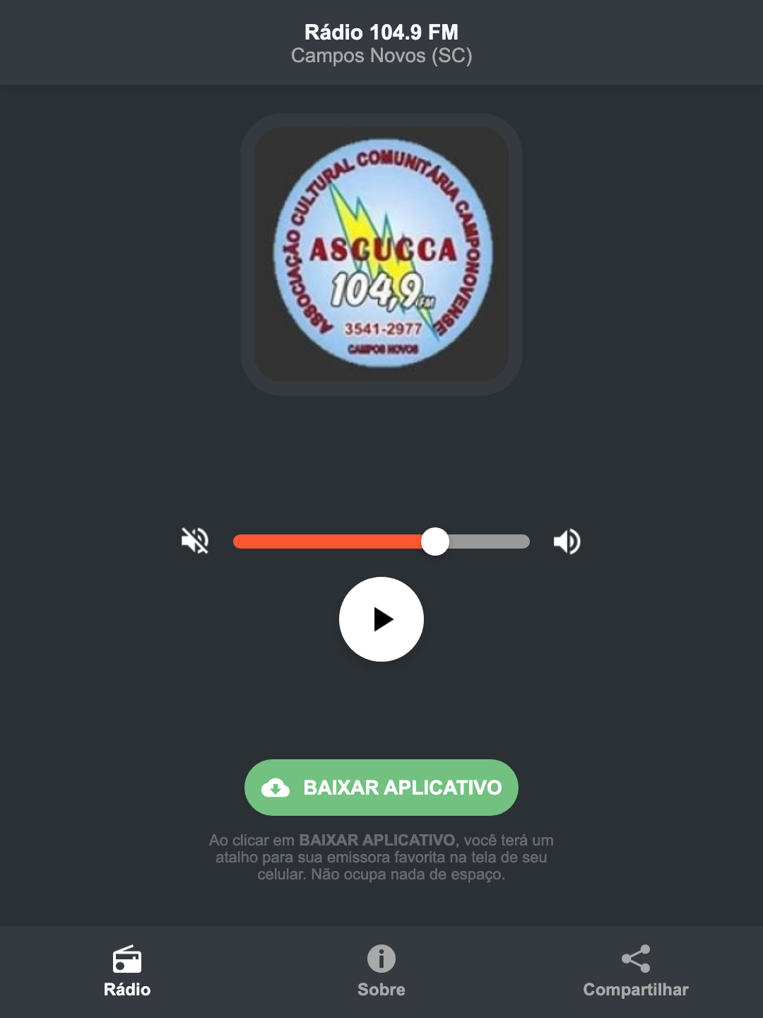 Screenshot do aplicativo da Rádio 104.9 FM