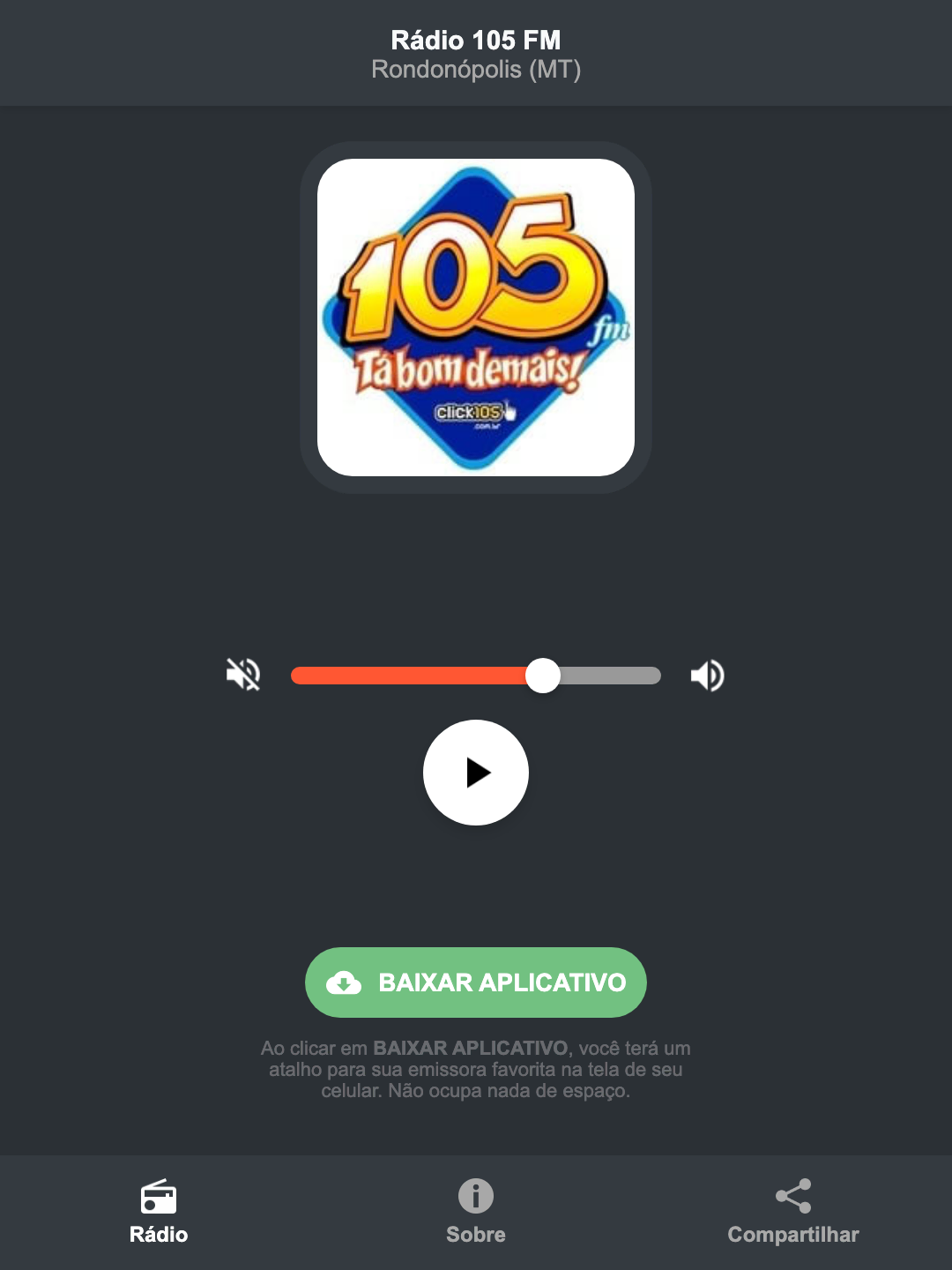 Screenshot do aplicativo da Rádio 105 FM