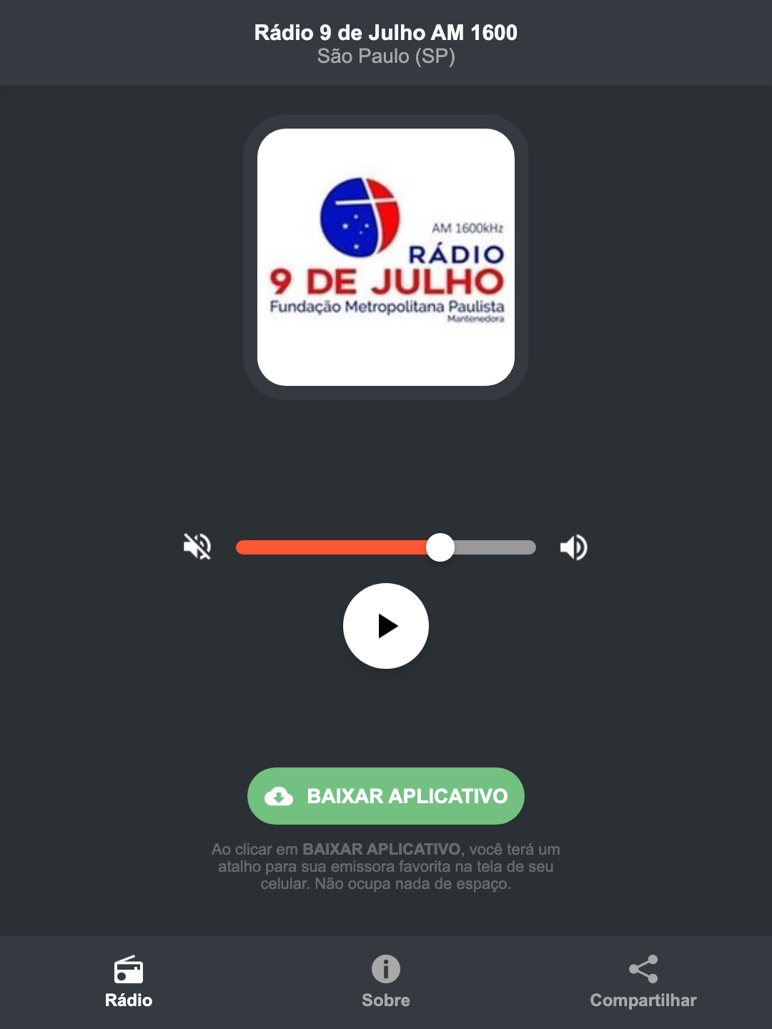 Screenshot do aplicativo da Rádio 9 de Julho AM 1600