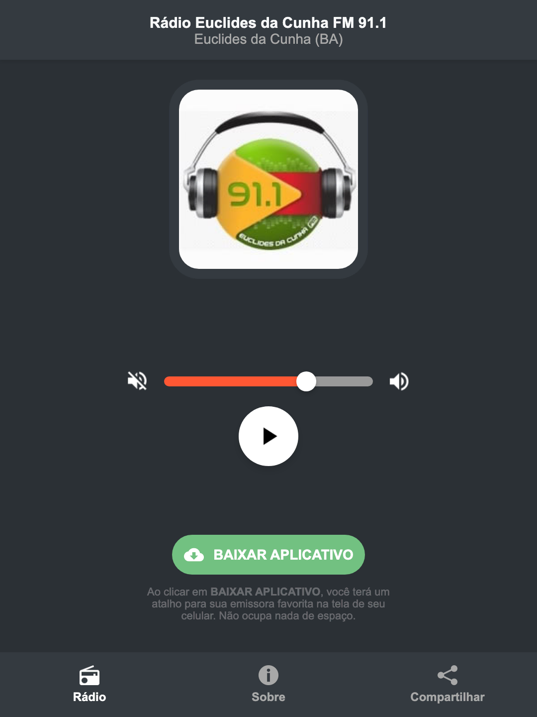 Screenshot do aplicativo da Rádio Euclides da Cunha FM 91.1
