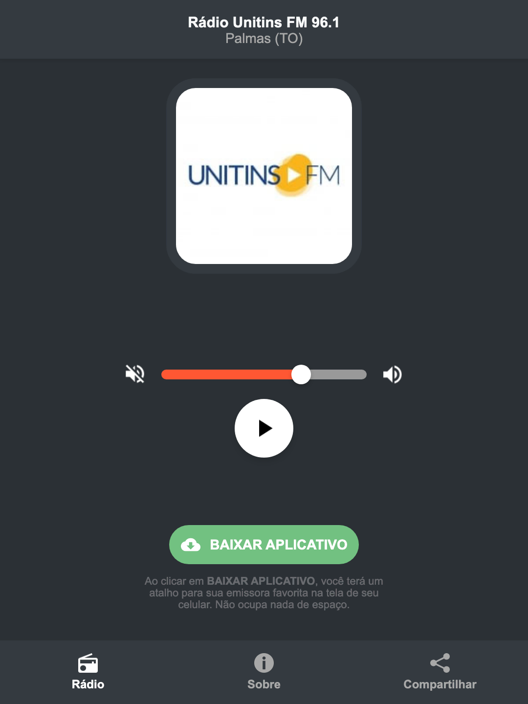 Screenshot do aplicativo da Rádio Unitins FM 96.1