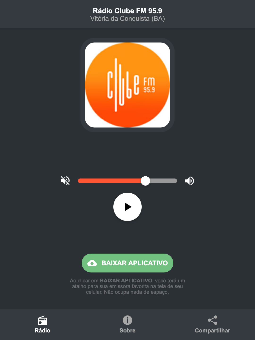 Screenshot do aplicativo da Rádio Clube FM 95.9