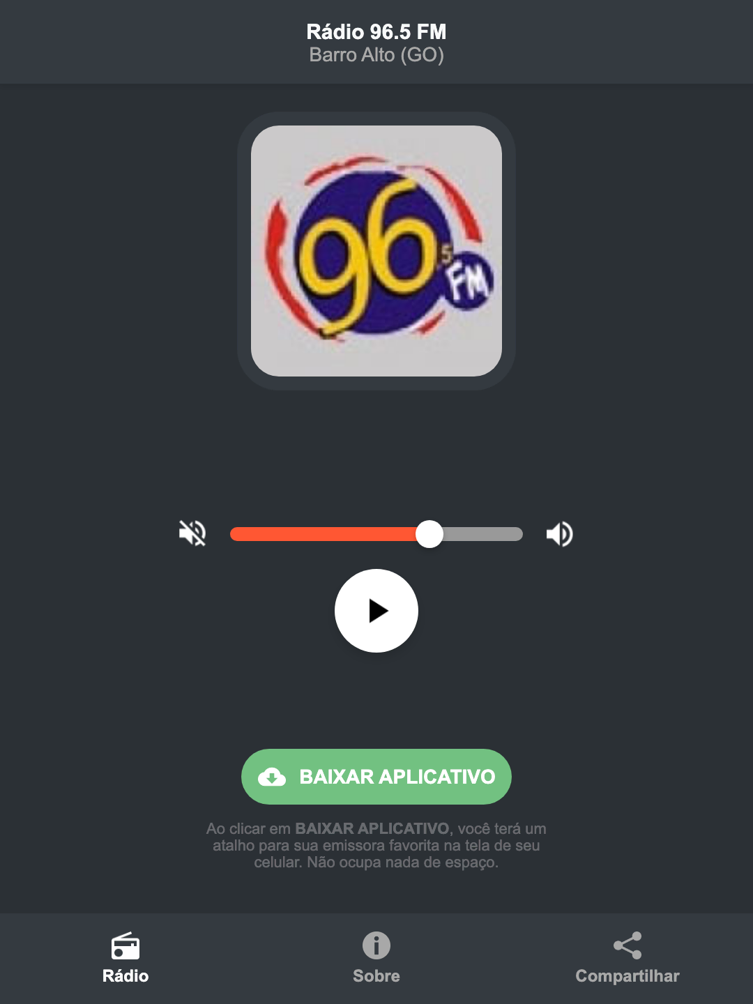 Screenshot do aplicativo da Rádio 96.5 FM