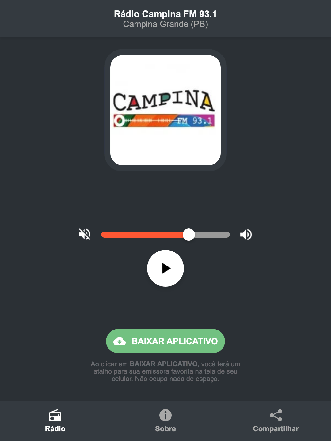Screenshot do aplicativo da Rádio Campina FM 93.1