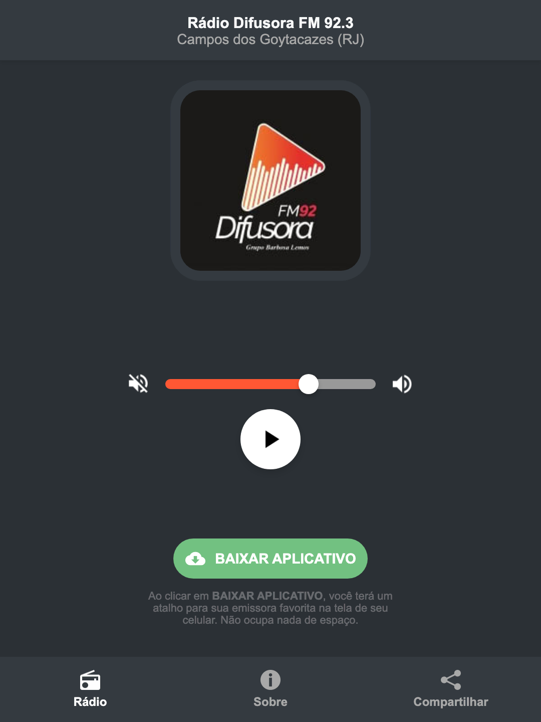 Screenshot do aplicativo da Rádio Difusora FM 92.3