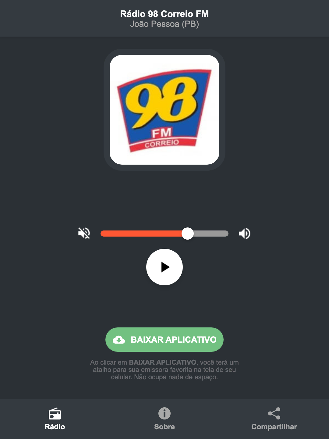 Screenshot do aplicativo da Rádio 98 Correio FM